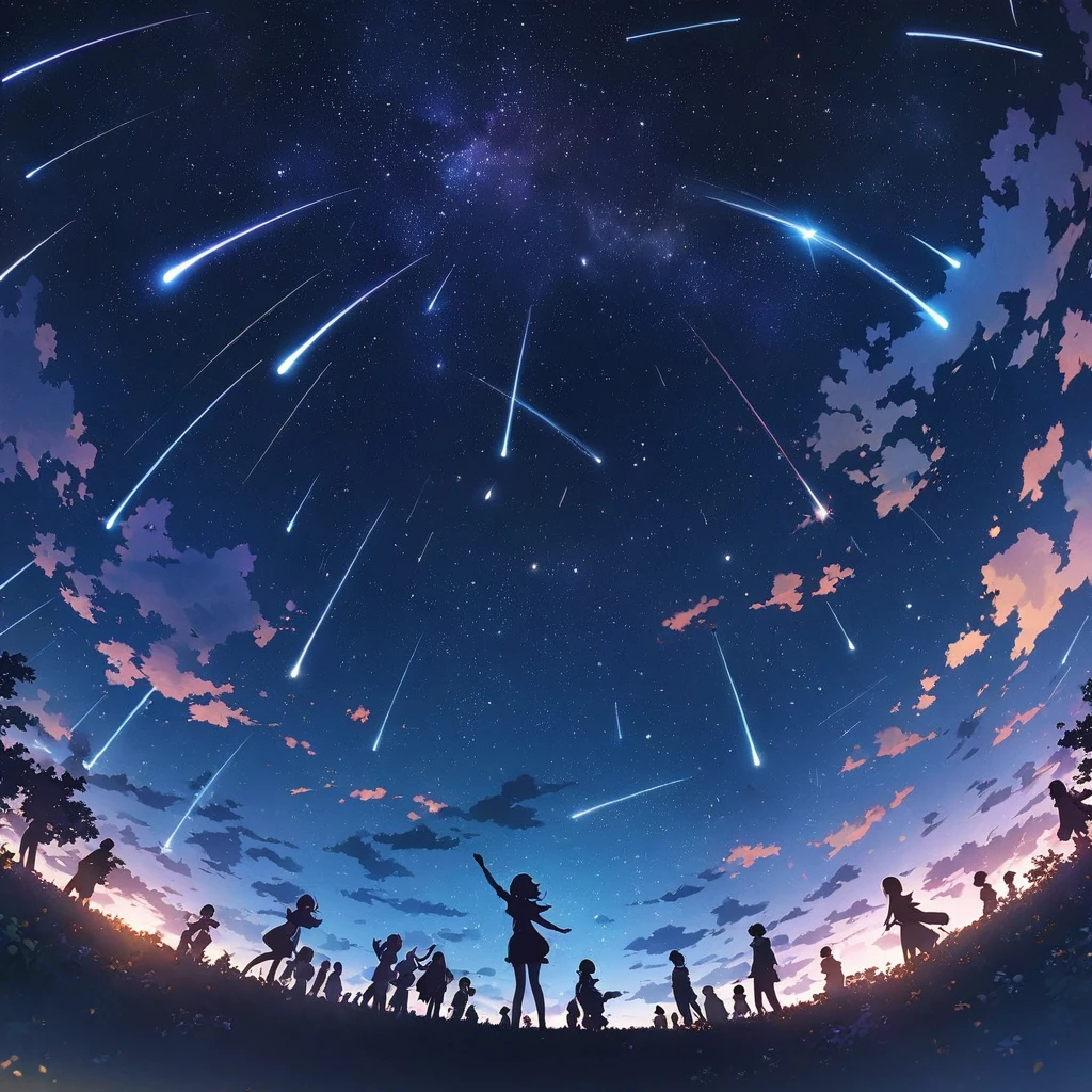 Anime drawings inspired by Makoto Shinkai, A girl throws a star into the dark sky, Shooting stars radiating from the night sky, Stars around the girl々The number of people looking up々Creatures of, Everyone looks up at the night sky with a smile, 4k anime wallpaper,anime art wallpaper, by Cyril Rolando,