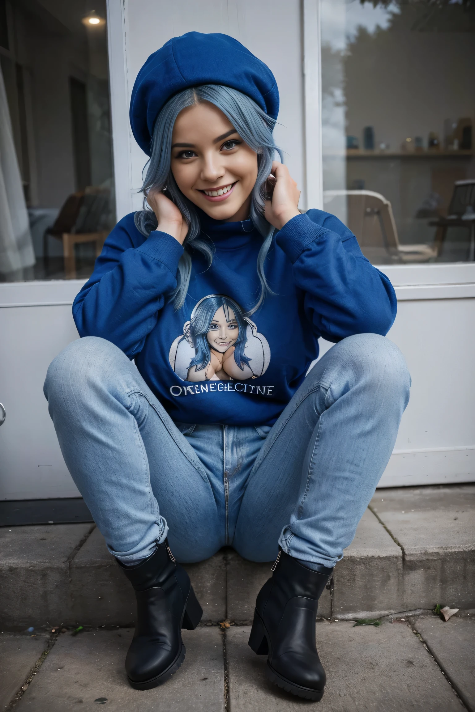 Model, blue colored hair, influenceuse, gros seins, porter un sweat à capuche et un jean, bottes aux pieds , Souriant, 