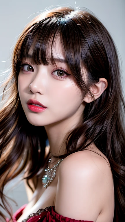 Canon RF 85mmf/1.2,masutepiece,Best Quality,超A high resolution,tu,1 boy (Korean mixed,Kpop Idol:1.2),Solo,white_shiny_skin,Black eyes,Necklace,brown_long_Wavy_hair,Red lipstick bright_shiny_Lips,Eyelashes,Bangs,deal,make - up,shiny,Pore,skin texture,Bracelet,off shoulders,See-through,Big breasts