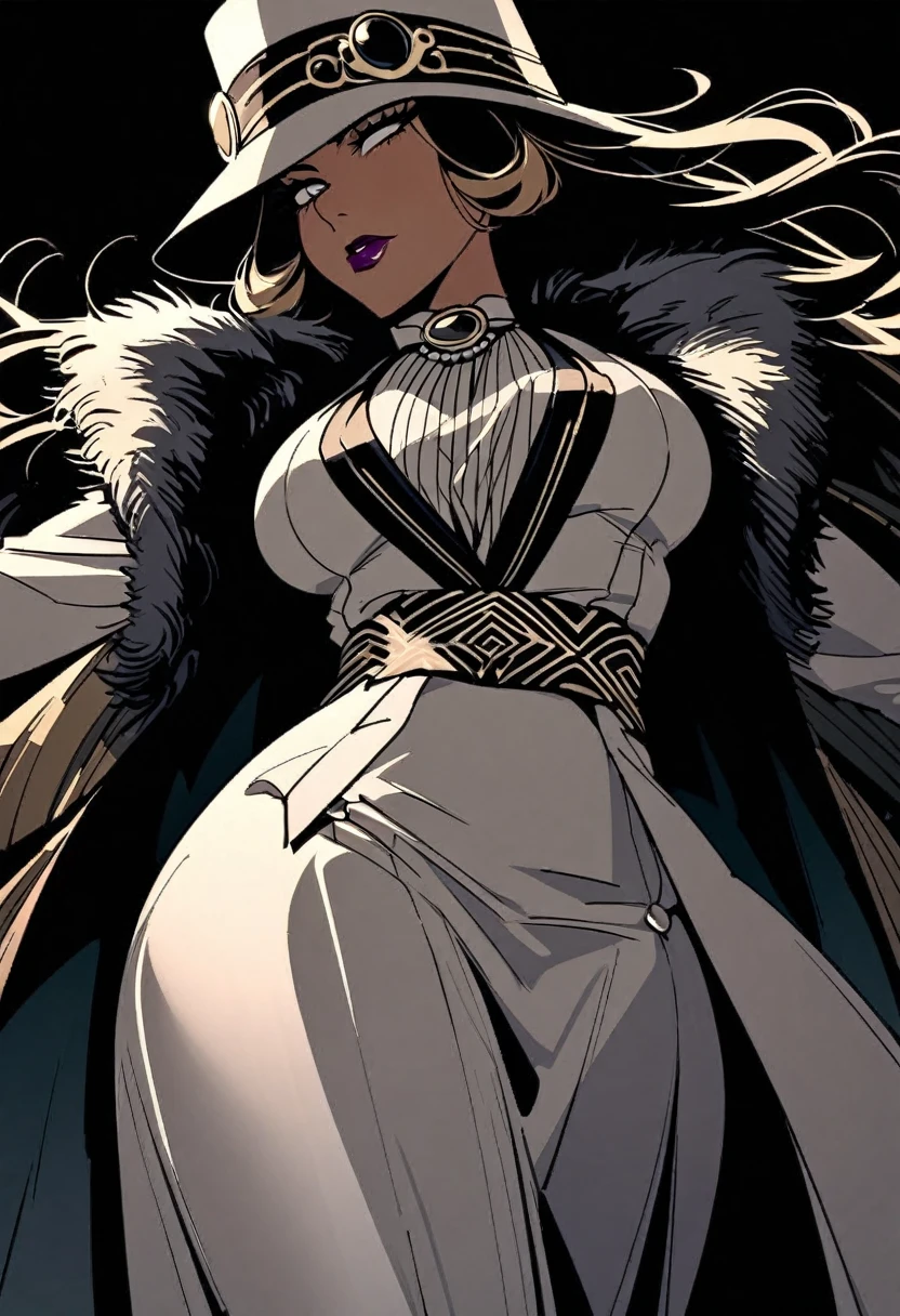 extreme close shot of Curvy queen Latifah as mob boss, Mafia, grim, angle view, evocative, dark, classy, elegant, dangerous sensuality, dress, overcoat, (jazz age, art deco outfit), longer hair, soft features