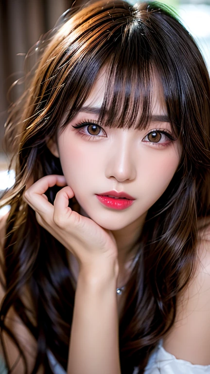 Canon RF 85mmf/1.2,masutepiece,Best Quality,超A high resolution,tu,1 boy (Korean mixed,Kpop Idol:1.2),Solo,white_shiny_skin,Black eyes,Necklace,brown_long_Wavy_hair,Red lipstick bright_shiny_Lips,Eyelashes,Bangs,deal,make - up,shiny,Pore,skin texture,Bracelet,off shoulders,See-through,Big breasts