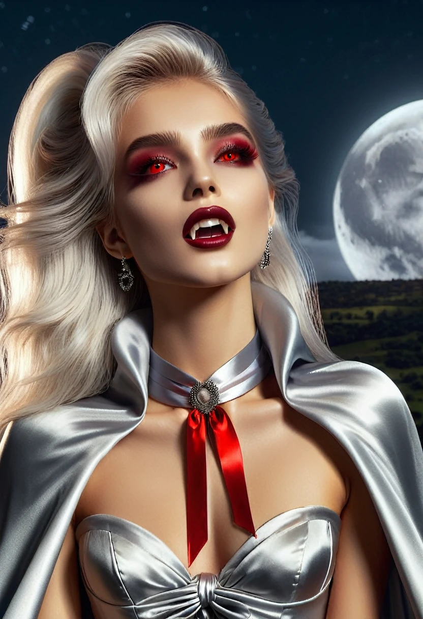 Vampyfangs(RAW Photo) , (highly detailed:1.20) , ultra realistic :1.10) ,sexy girl in her 20s , (perfect face:1.20) , (detailed red eyes:1.20) , with long silver hair in ponytail , (((long silver satin cape tied at the neck with a ribbon :1.20))) , naked , full body, standing on windy hilltop at night , full moon , high-quality ultra realistic style, detailed eyes, professional, expressive , 8K , highly detailed , professional,