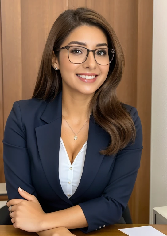 Secretaria atractiva  joven, en una oficina, sentada cruzando las pienas, sonriendo, dando la bienvenida
