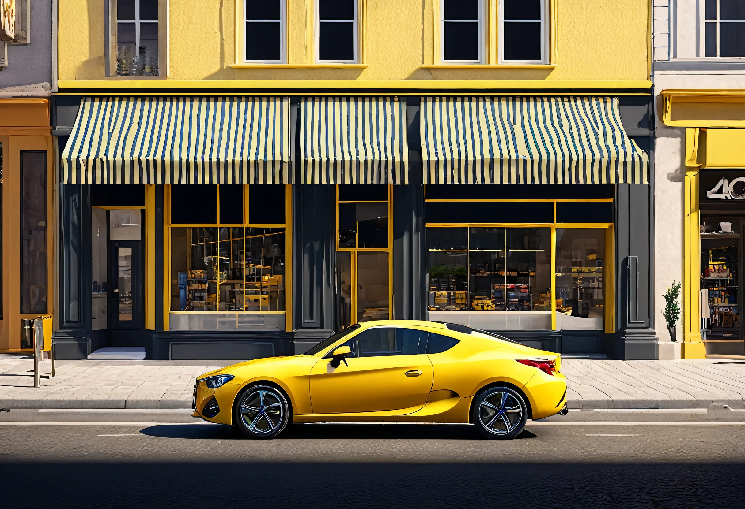 yellow car parked on the side of the road in front of a store, photorealistic streetscape, photorealistic cinematic render, high detailed store, global illumination. vfx, realistic cinema 4 d render, photorealistic lighting, a photorealistic rendering, photorealistic movie still, photorealism style, vray 8k render, realistic 3 d style, archviz, scale model photography
