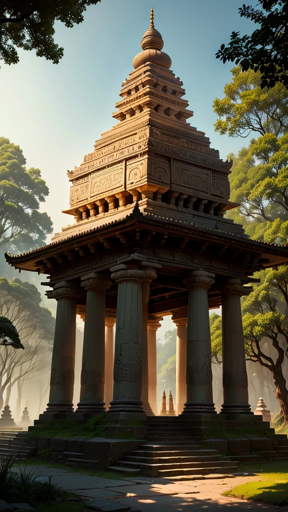 An ancient Indian temple, shrouded in mythological mystery, towers above the lush greenery. Its intricately carved walls tell tales of gods and goddesses, intriguing every visitor who approaches. The temple's aged stones, worn by time, emit a faint, otherworldly glow, adding to the enigmatic aura that surrounds it. As the sun sets, its rays cast long shadows across the temple grounds, transforming the scene into a mesmerizing tableau that leaves one pondering the profound history hidden within its walls.
