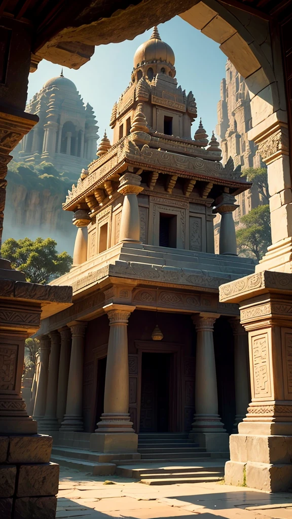 An ancient Indian temple, shrouded in mythological mystery, towers above the lush greenery. Its intricately carved walls tell tales of gods and goddesses, intriguing every visitor who approaches. The temple's aged stones, worn by time, emit a faint, otherworldly glow, adding to the enigmatic aura that surrounds it. As the sun sets, its rays cast long shadows across the temple grounds, transforming the scene into a mesmerizing tableau that leaves one pondering the profound history hidden within its walls.