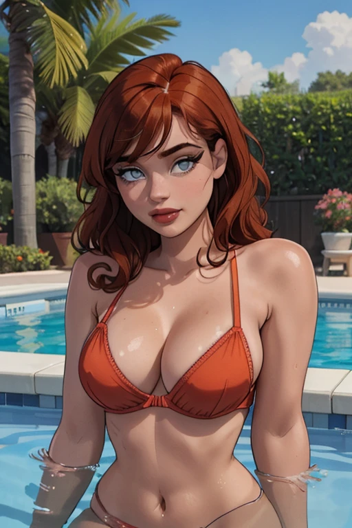 (a girl swimming in a pool, red curly hair),illustration,summery atmosphere,beautiful detailed eyes,beautiful detailed lips,extremely detailed face,long eyelashes,sparkling water reflections,refreshing blue pool water, best quality,highres,ultra-detailed,realistic,summer vibes,vivid colors,warm sunlight, long red brown hair, yellow golden bra
