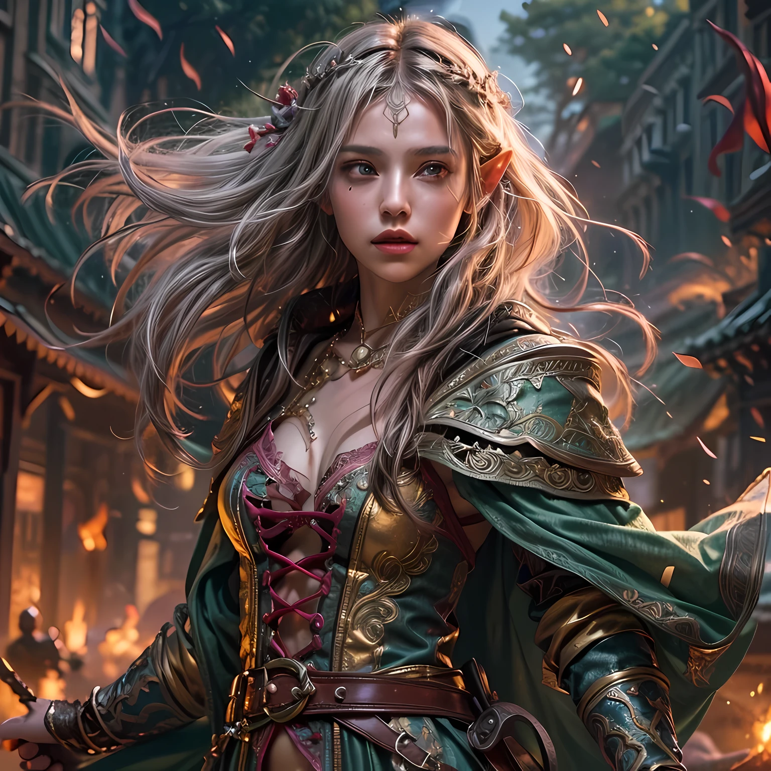 a picture of a female elf (intense details, Masterpiece, best quality: 1.5) fantasy swashbuckler, fantasy fencer, armed with a slim sword, shinning sword, metallic shine, colorful clothes, dynamic clothing, an ultra wide shot, full body (intense details, Masterpiece, best quality: 1.5)epic beautiful female elf (intense details, Masterpiece, best quality: 1.5), rich hair, braided hair, small pointed ears, GlowingRunes_pink [colorful magical sigils in the air],[ colorful arcane markings floating] (intricate details, Masterpiece, best quality: 1.6), holding a [sword] (intricate details, Masterpiece, best quality: 1.6) holding a [sword glowing in red light]fantasy urban street (intense details, Masterpiece, best quality: 1.5),  purple cloak, long cloak (intense details, Masterpiece, best quality: 1.5), sense of daring, sense of adventure,  high details, best quality, 8k, [ultra detailed], masterpiece, best quality, (extremely detailed), dynamic angle, ultra wide shot, photorealistic, RAW, fantasy art, dnd art,fantasy art, realistic art,