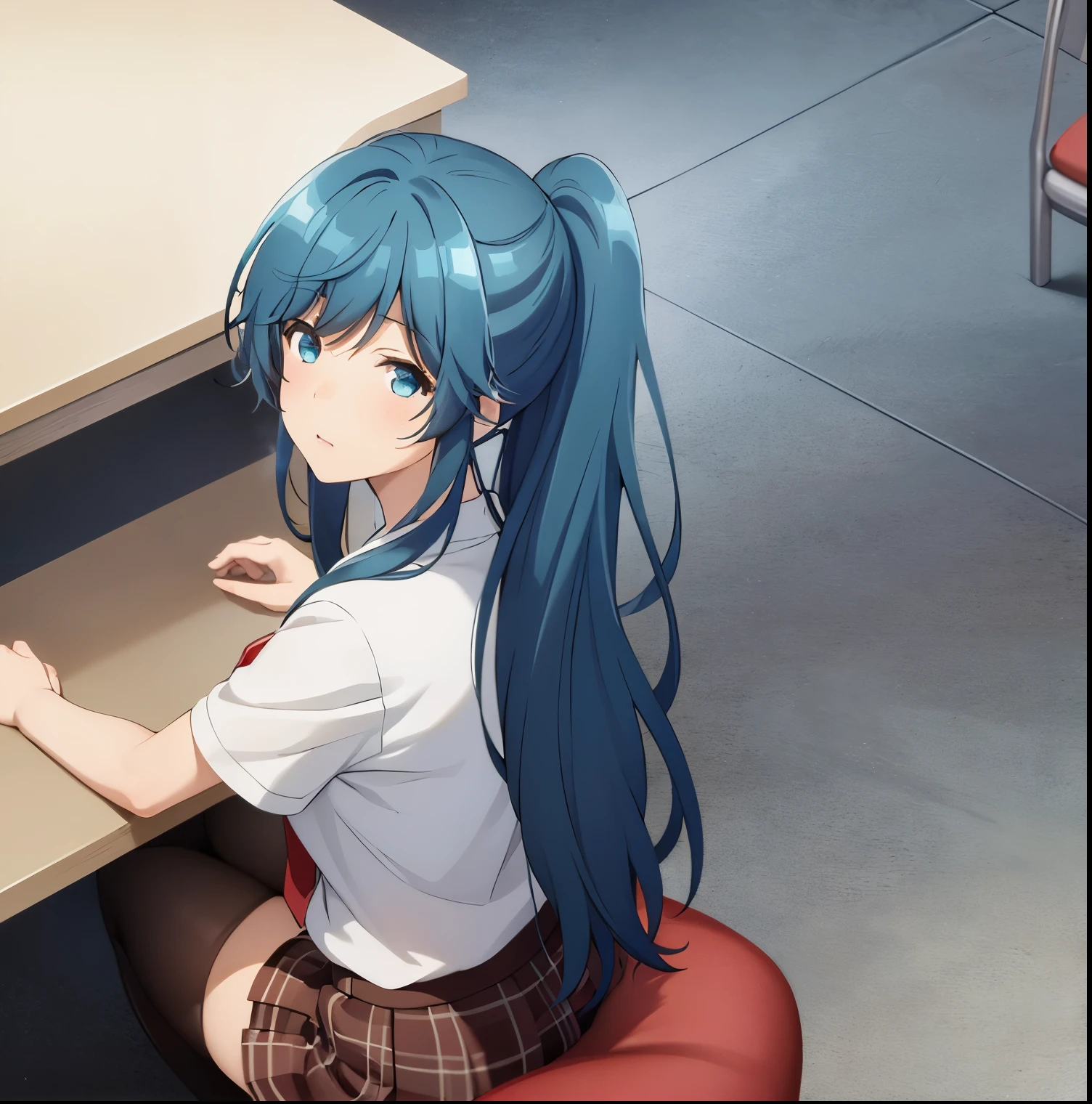 1 girl, alone, nanami minami, long hair, dark turquoise hair, ponytail, dark turquoise eyes, medium breasts, medium waist, wide hips, medium thighs, white shirt, short sleeves, red tie, cleavage, brown skirt, short skirt , black stockings, brown shoes, perfect anatomy, perfect hands, classroom, sitting at a desk, legs open, embarrassed, pov (from above)