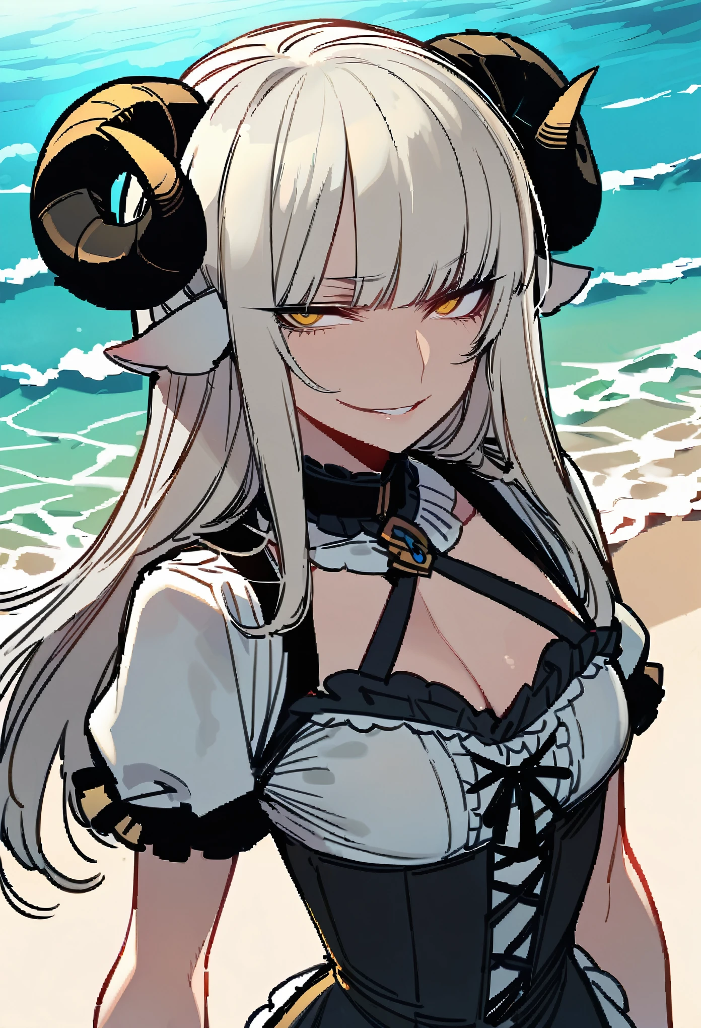 masterpiece, best quality, ultra high quality, ratatatat74, score_9, score_8_up, score_7_up, source_anime, 1girl, solo, white hair, long hair, hime cut, long bangs, yellow eyes, sheep horns, curled horns, black horns, white sheep ears, smirk, small breasts, standing, spread arms, upper body, victorian fashion, black dress, frilled dress, cleavage, short sleeves, she is in the beach, ocean behind, day, sunrays