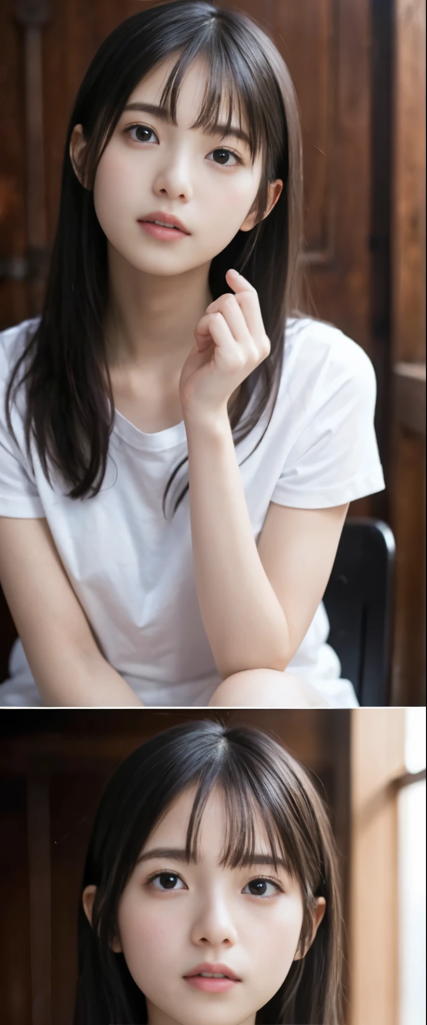 ((Perfect Anatomy:1.3)、(Complete Hand:1.3)、(face it head on)、Realistic、RAW Photos、Tabletop、highest quality、High resolution、Delicate and beautiful、Perfect Face、Beautiful details、Fair skin、Real human skin、pores、((Thin legs))、(Black Hair):1.2), 8k, Standing half-length 12-year-old girl, 85mm,公式AR RAW Photos, Super slim slender beautiful girl、Plain white short sleeve T-shirt、Full lower body nudity、Show me your ears、