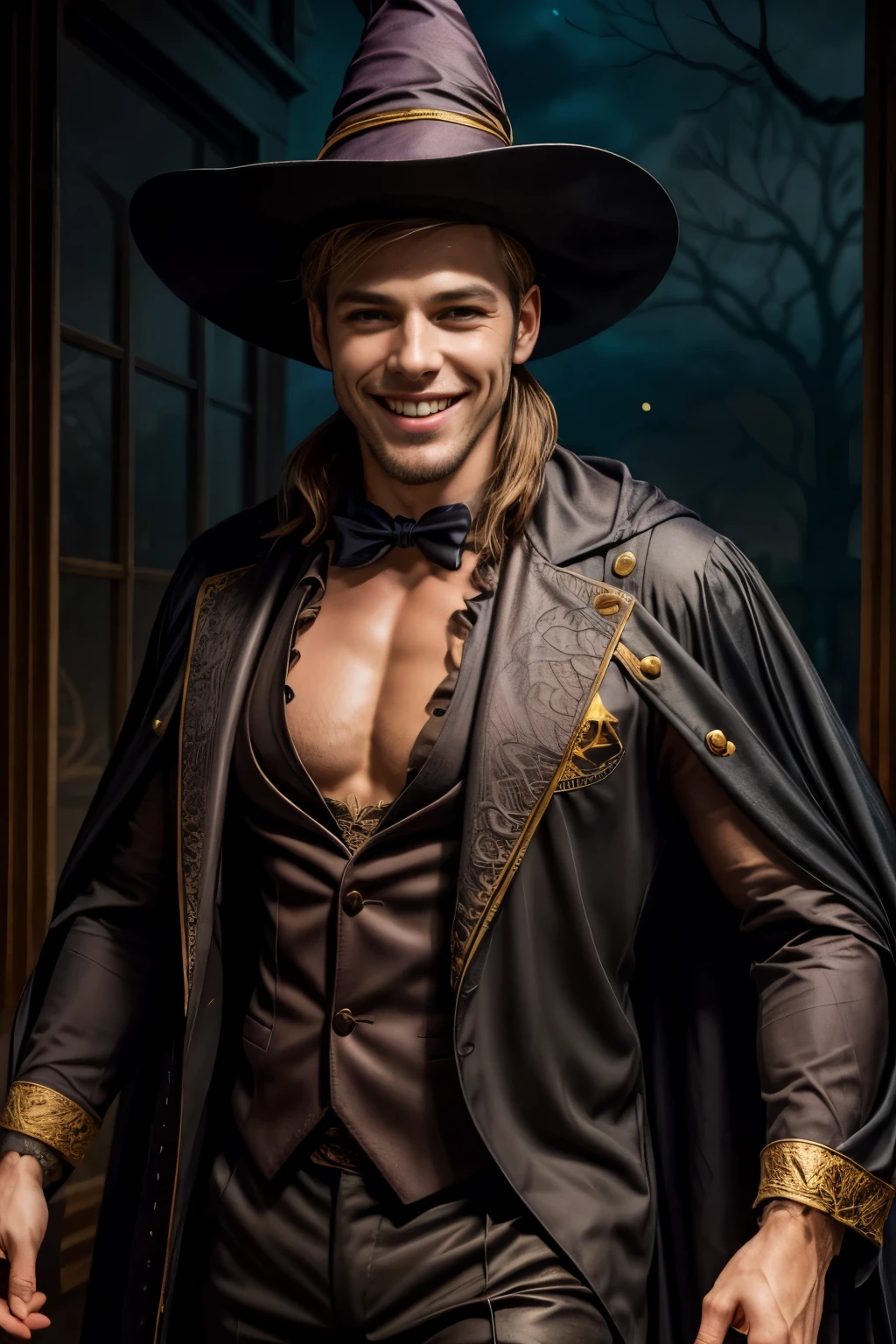 A handsome man, charming smile, dressed as a halloween wizard, shirtless, wearing only micro thong 