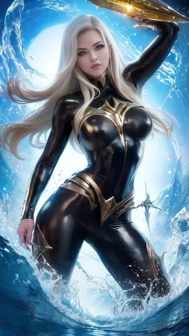 ((melhor qualidade)), ((Obra-prima)), (detalhado: 1.4), ..3D, uma imagem de uma linda mulher de olhos azuis vestindo fantasia de Aquaman da DC com cabelos grossos, seios grandes e cauda grande e volumosa, light particles, energia pura, caos, antitecnologia, HDR (High dynamic range), rastreamento de raio ,NVIDIA RTX, Super-Resolutio