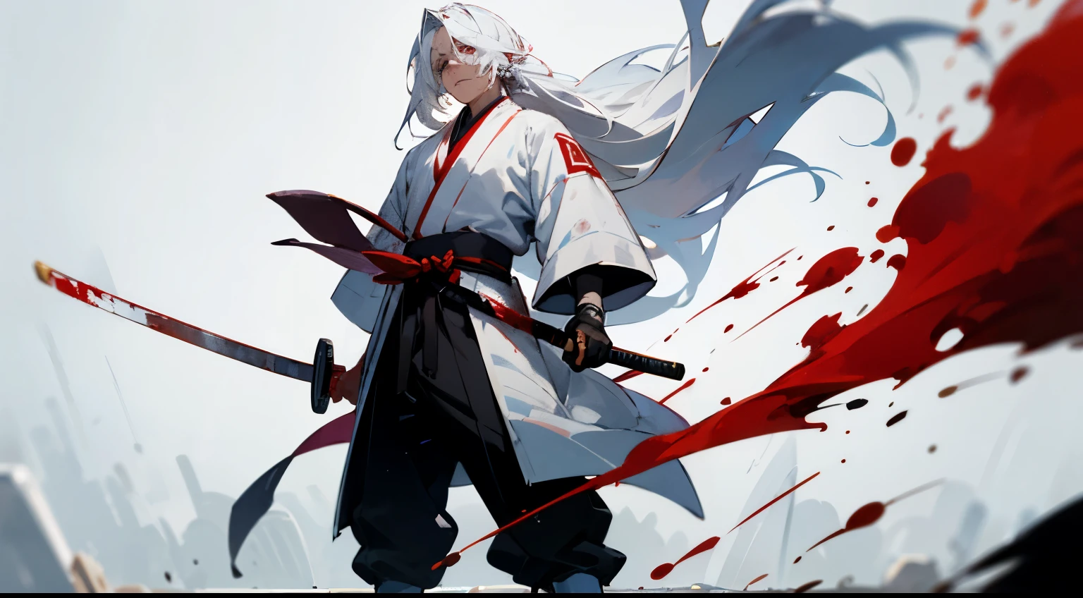 masterpiece, best quality, best quality, masterpiece, high resolution, anime style, male, whole body, Anime Character, Long hair, White hair, Blindness in one eye, Eye bandage,Red pupil,Samurai Sword,Standing,white mask,Blood stained
