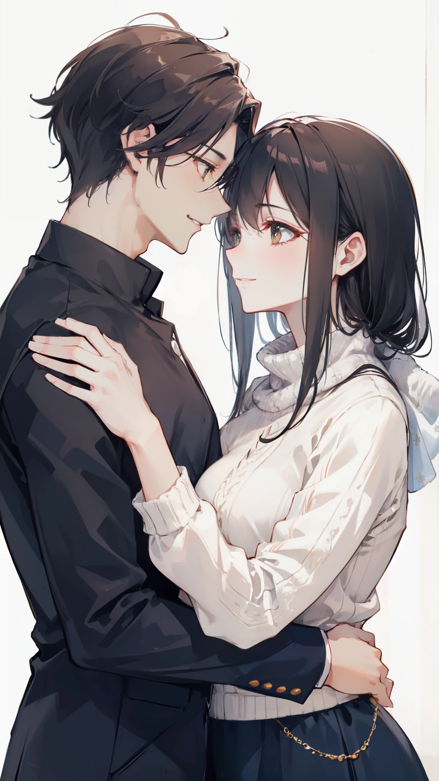 "4K sad Fantasy scene on pure white background: Mature couple looking each other. Man with black hair and silver eyes, And the woman with her elegantly tied brown hair and charming brown eyes who gave a sad smile, medium breast,  The woman wore a white sweater cosy on."