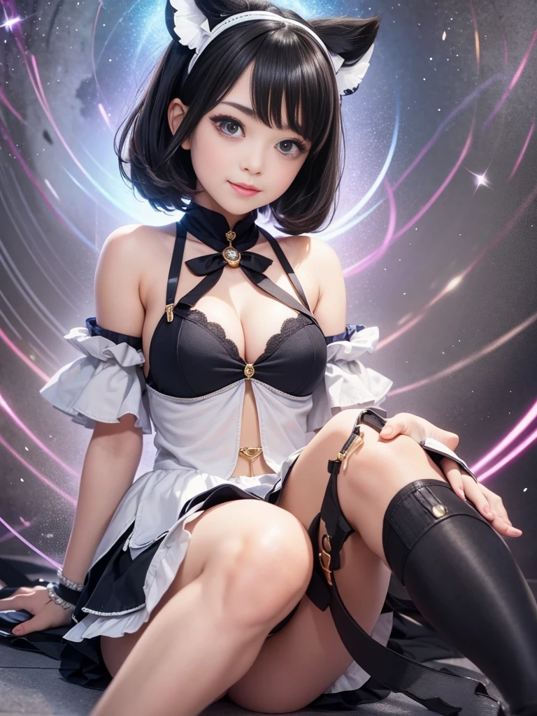Smile、((Cleavage fully exposed))、(((National Foundation:1.32))),,(((A very young child:1.44))),(Very short hair),(whole body,(Who is :1.3),(san francisco),whole body,(Kawaii),masterpiece, high quality, Ultra Detailed, super high quality, Very delicate and beautiful, Female 12 y(Black hair on both sides to waist))), From bangs to eyebrows, Eyes sharp and powerful,Shining eyes, Eyebrows are shiny, Eye color magenta, 6.5 head high, (((magical girl fashion))), Knee socks, full Smile, Background Moon