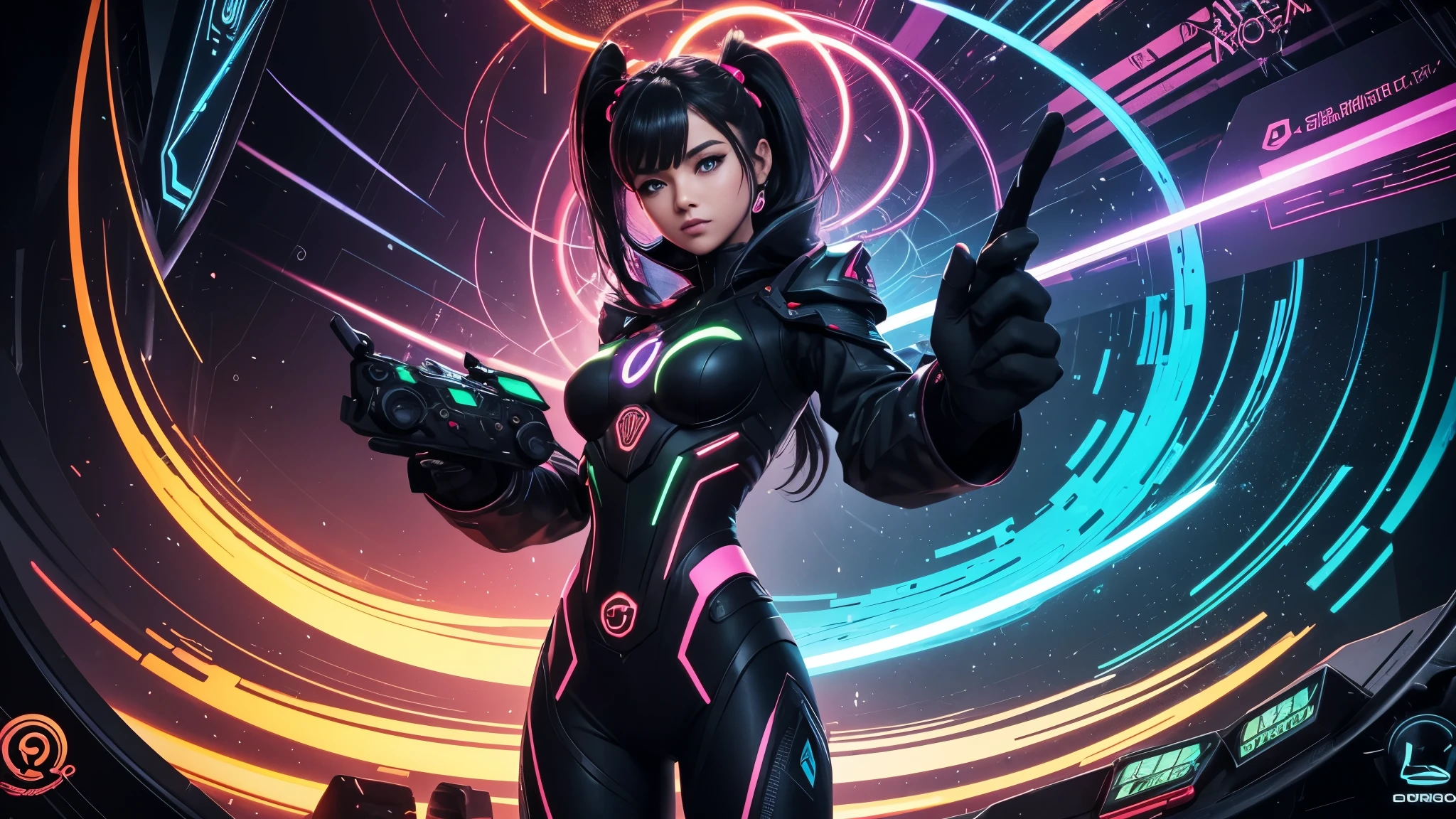 "A vibrant and dynamic abstract image in Full HD resolution, com um tema de jogos. A imagem deve apresentar uma rica paleta de cores de tons neon, evocando a atmosfera de uma cibercidade futurista. Em primeiro plano, there should be a stylized representation of a game controller, with its buttons and joysticks forming intricate geometric patterns. O fundo deve apresentar uma grade brilhante, sugerindo o mundo digital dos jogos. O efeito geral deve ser uma mistura harmoniosa de arte abstrata e cultura de jogos, splash art, A whirlwind of colors green black red, The vortex is made up of several game elements, como controladores de jogo, power-ups. with a giant holographic screen displaying a game in progress. The overall effect is a dynamic, immersive gaming experience that draws the viewer in.