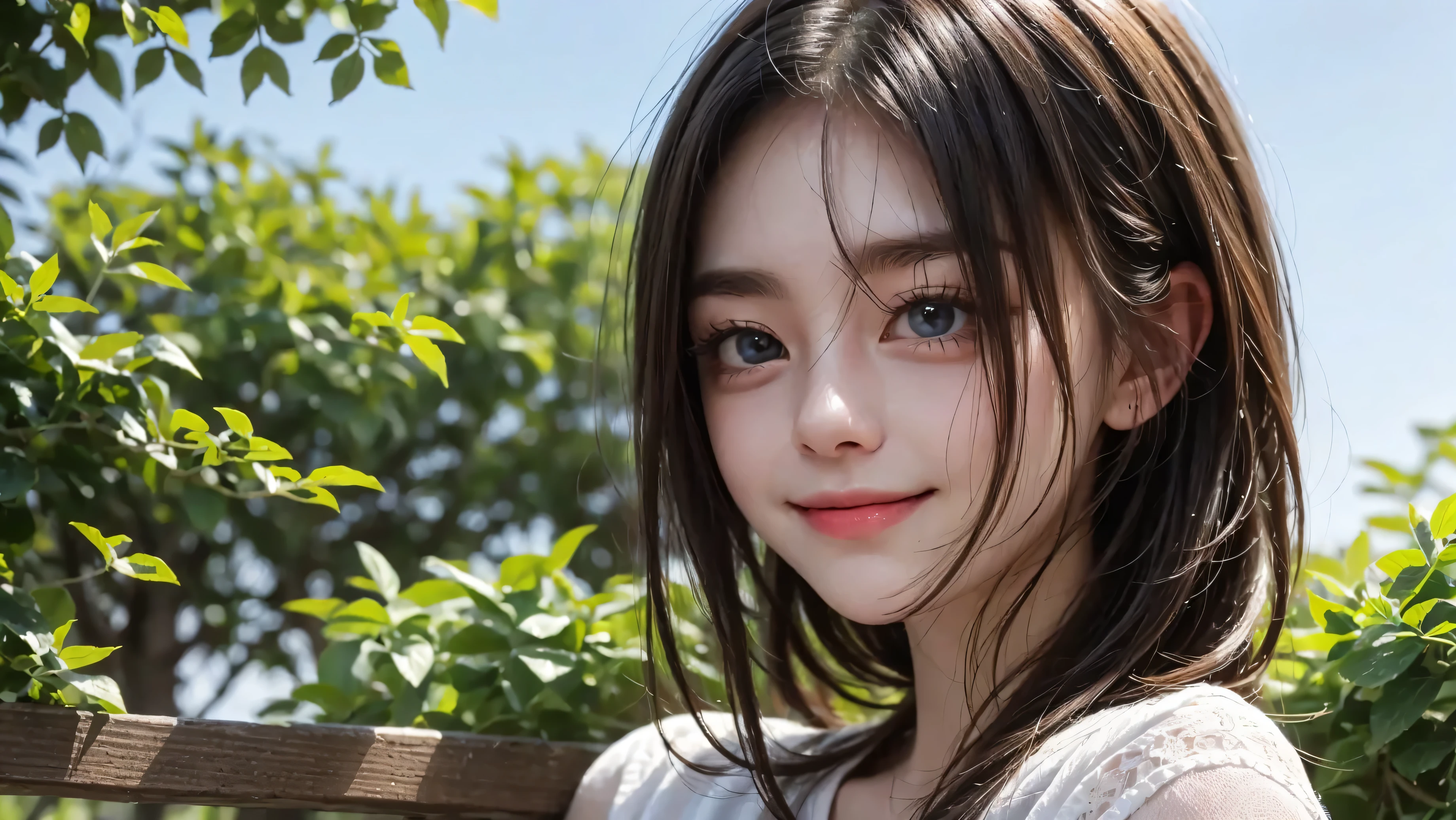 RAW photo、Please keep looking at me、Bright screen、light brown medium bob hair、8K、outdoor、blue sky、Upper body、Photographed alone、40 years old、smile