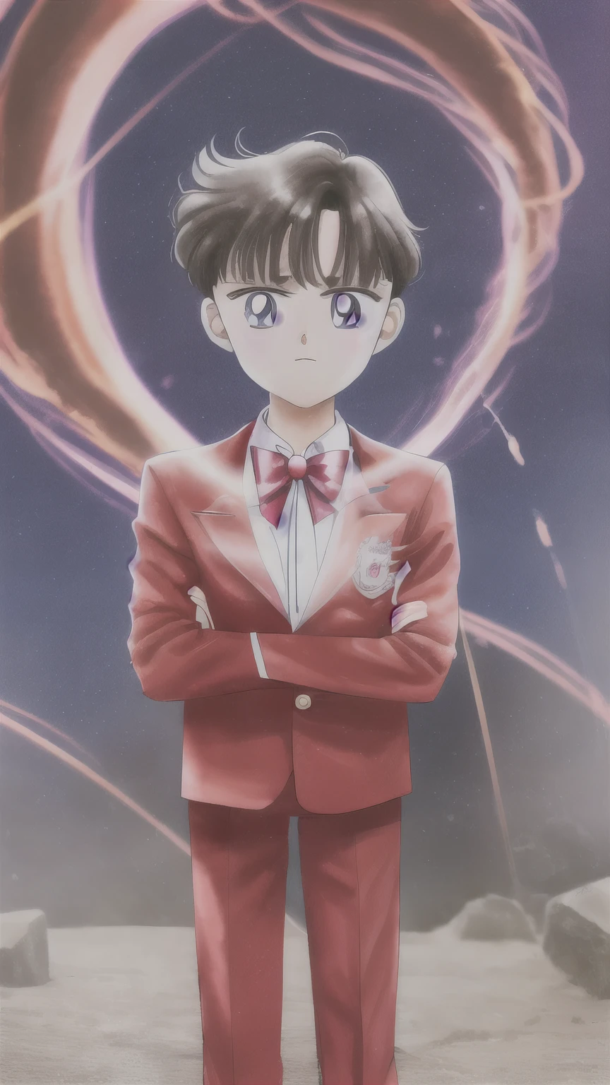 Naoko Takeuchi Style, 1 young boy who has big eyes and short brown hair and blue eyes who is around  with centrally parted hair and a red suit tuxedo with a small purple bow and red sailor collar that is combined with red pants. Environment is somewhere in Tokyo. Conceptual art, Ultra-Wide Angle, UHD, masterpiece, anatomically correct, 1080P, 4K, 8k, best quality