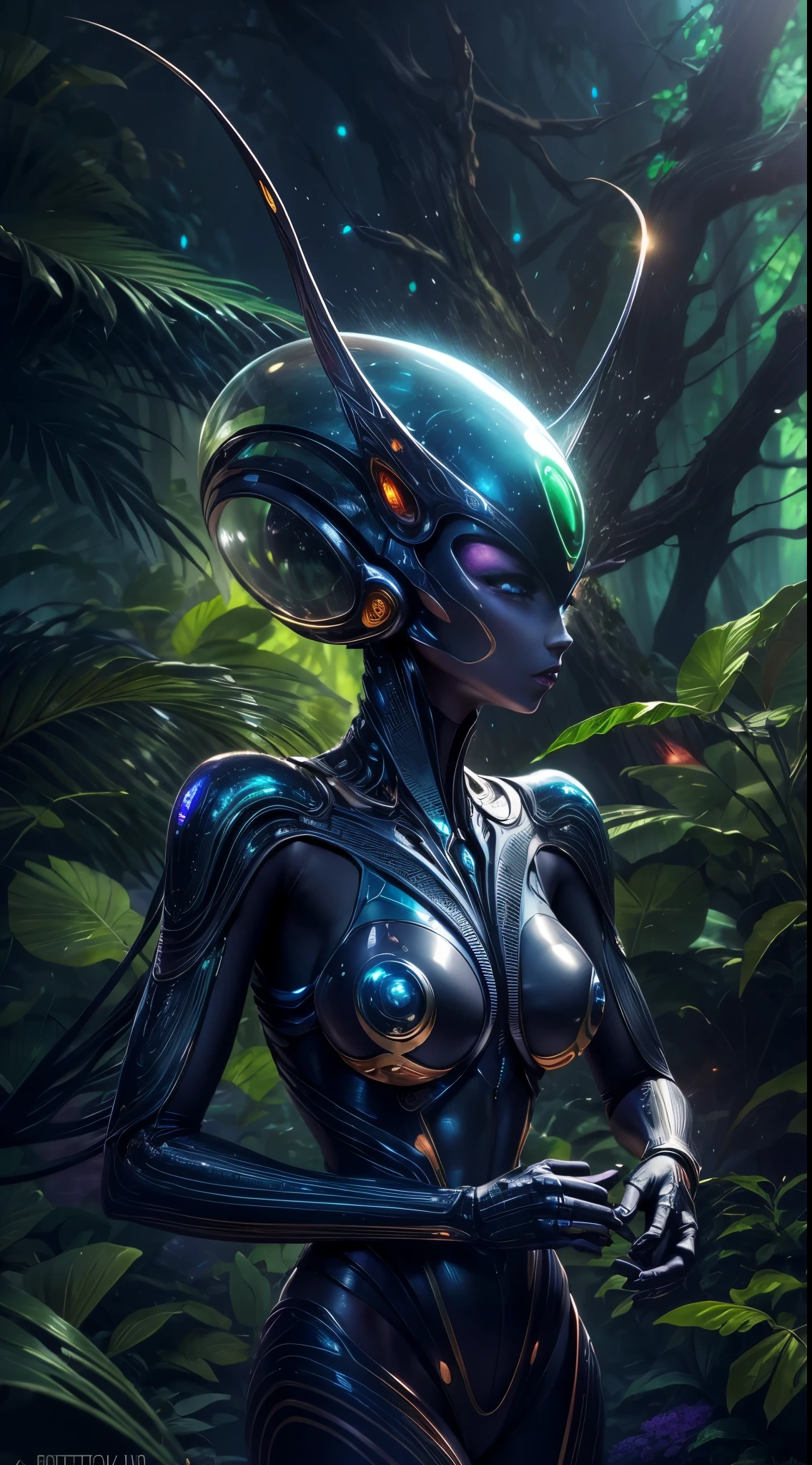 Mesmerizing photo of an alien in a shiny suit with the head of an ant, big breasts, erect nipples, I&#39;m standing in the middle of a lush, Bioluminescent forest on an alien planet. Her super-realistic appearance harmonizes with exotic flora., creating an image of harmonious coexistence.