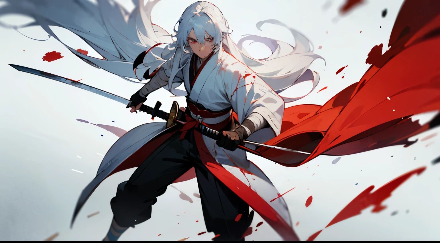 masterpiece, best quality, best quality, masterpiece, high resolution, anime style, male, whole body, Anime Character, Long hair, White hair, Blindness in the right eye, Eye bandage,Red pupil,Samurai Sword,Standing,white mask,Blood stained