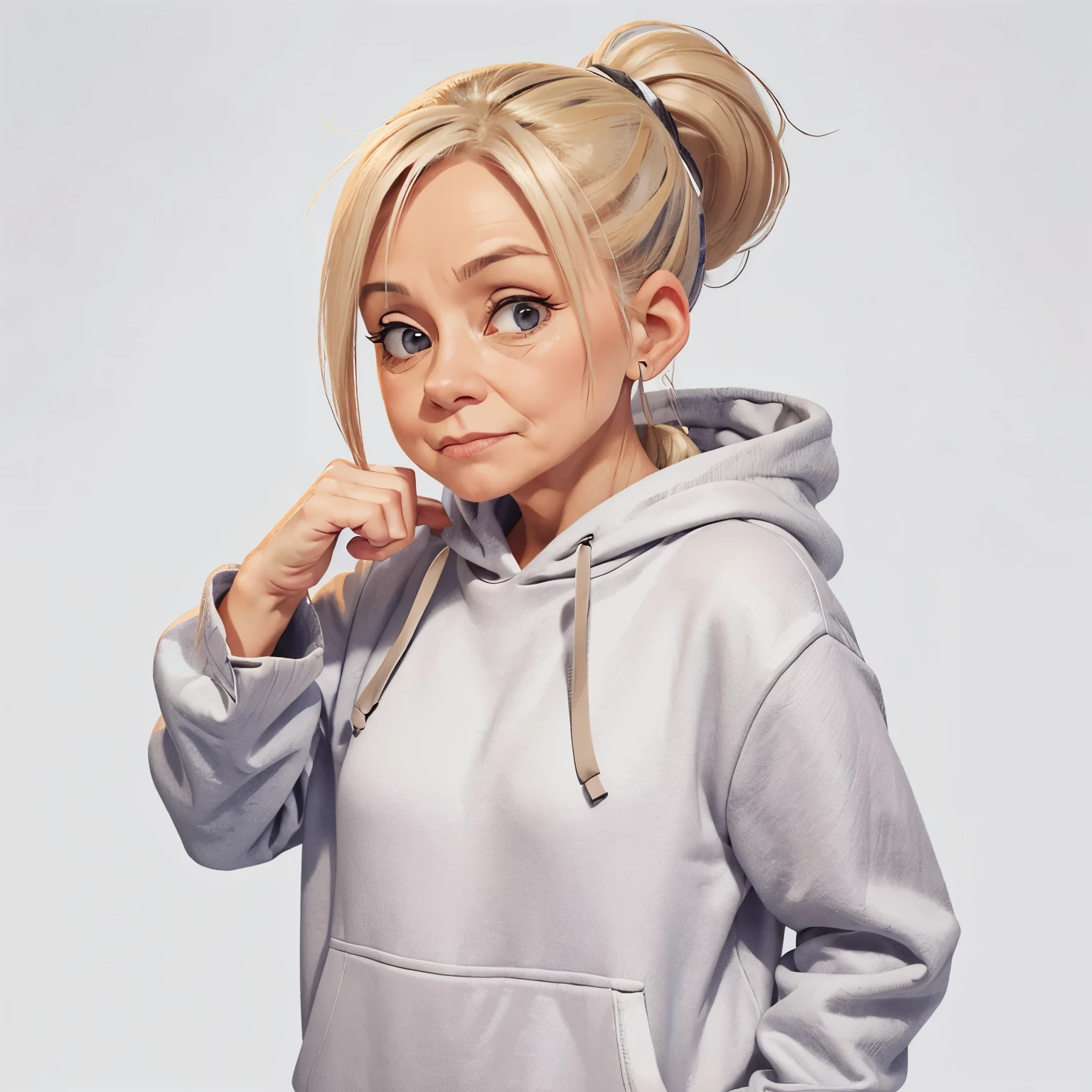 female, 58 years old, no reaccion, gender, white background, huge grey hoodie until neck, blond hair with ponytail, wrickles, small, touching her hands, very shy, no atractive