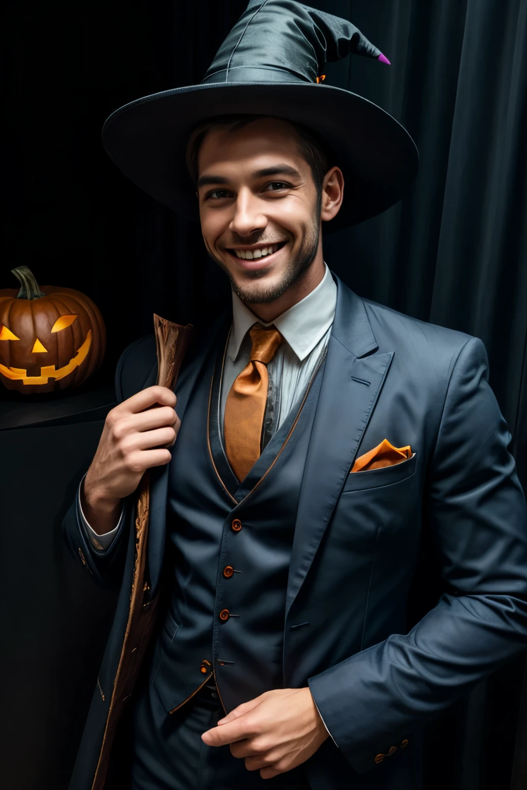 A handsome man, charming smile, dressed as a halloween wizard