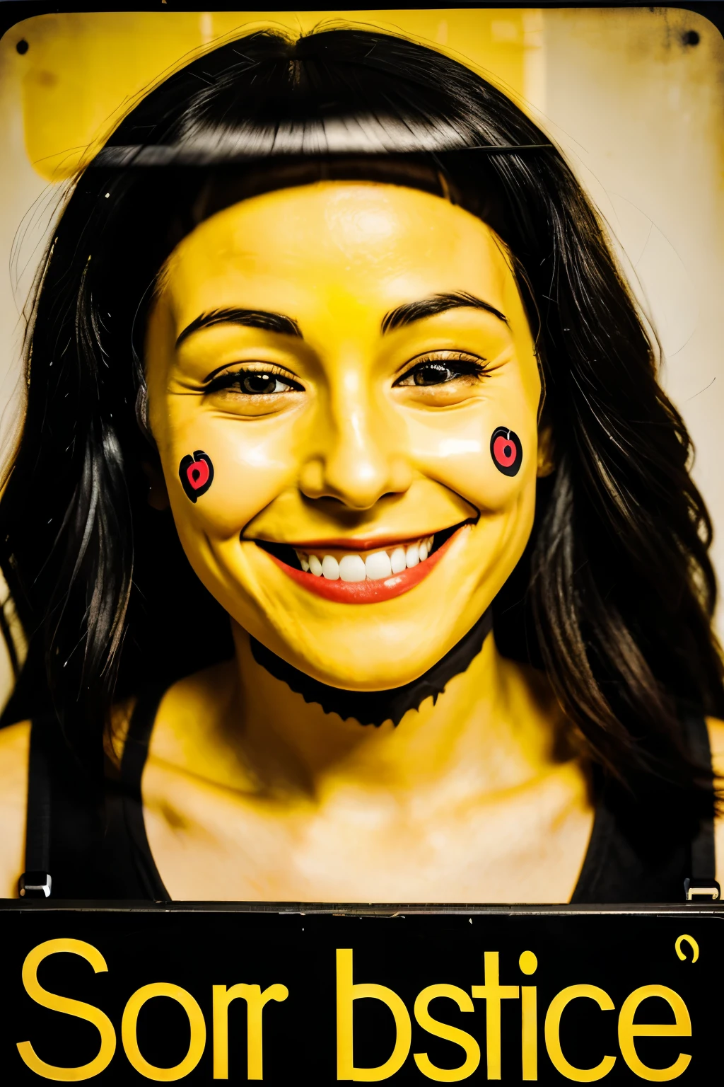 yellow sign with black border and smiley face on it says smile you're on camera, focus on smiley face symbol, sign, smile on face, smiling, bad quality, something off, creepy, sign, sign is creepy, something off about sign