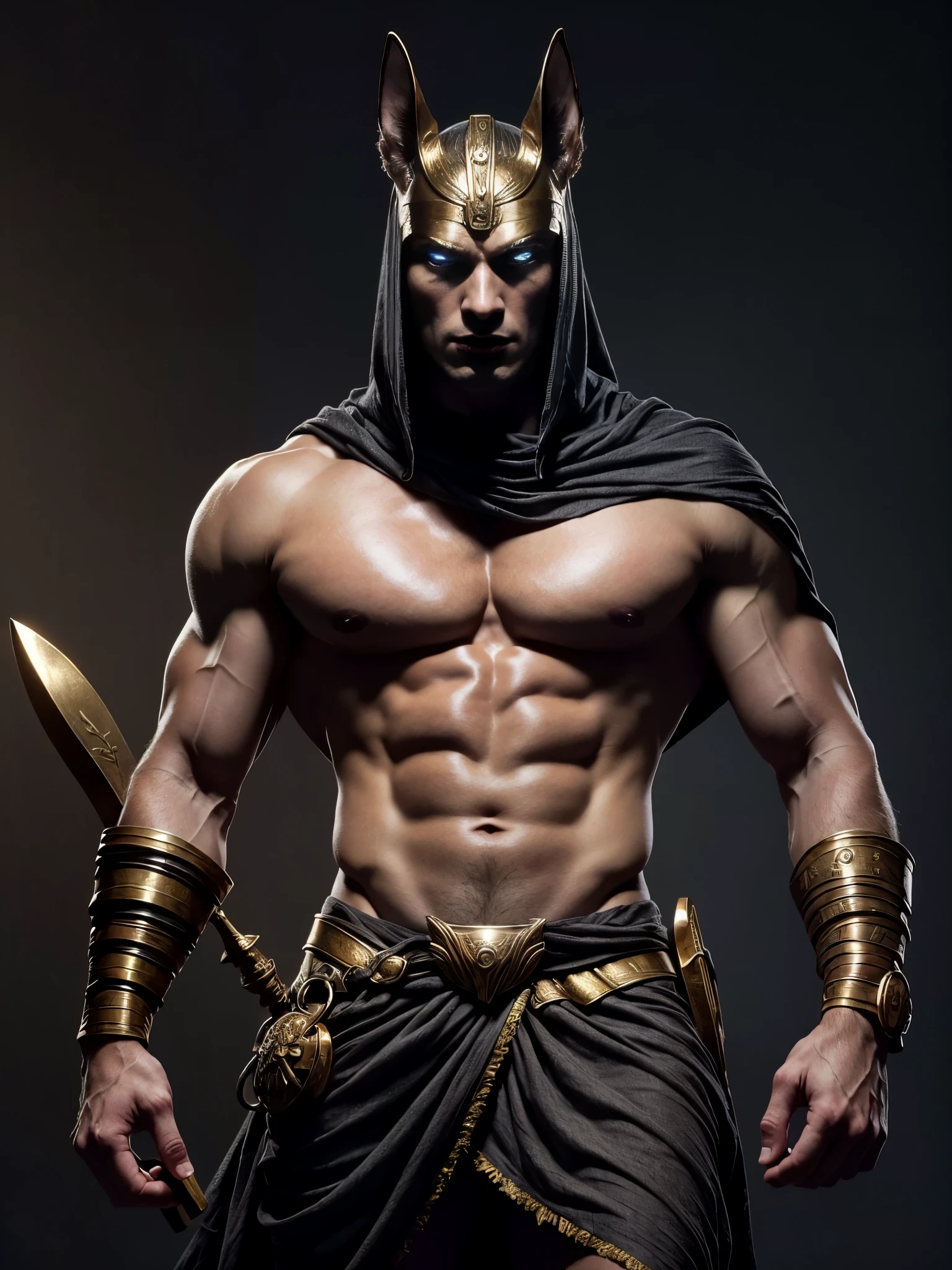 Photorealistic, ((best quality)), ((masterpiece)), (detailed), Egyptian god Anubis, masculine portrait of god Anubis, personification of Anubis, (evil look:1.2), 18-year-old male model, handsome, tall, cute looking, evil look, dark look powerful, young male model, handsome mythical creature, super strong, muscular, fit, massive muscles, six pack, clean shave, blue eyes. (short wavy messy brown hair:1.4), short messy hair, messy wavy hair, shirtless, barechested, muscle, ripped, strong body, fit body, ancient linen eqyptien small skirt, (antique black linen raped cloth skirt:1.3) (Dark background) 8k, high detailed, ultra-detailed, Stylish Pose, real skin texture, dark cinematic lighting, Emerging from the desert sand with a spear in his right hand in a threatening attitude.