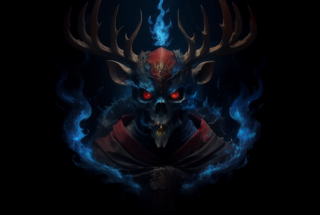 photorealestic，Deer skull mask，Head with blue flames，Upper body is a skeleton，The lower body is made of ossified bird claws，Wearing a pair of baggy black pants，Wearing a dark red cloak，Holding a long sword decorated with animal bones and emitting blue flames，k hd，Wallpapers