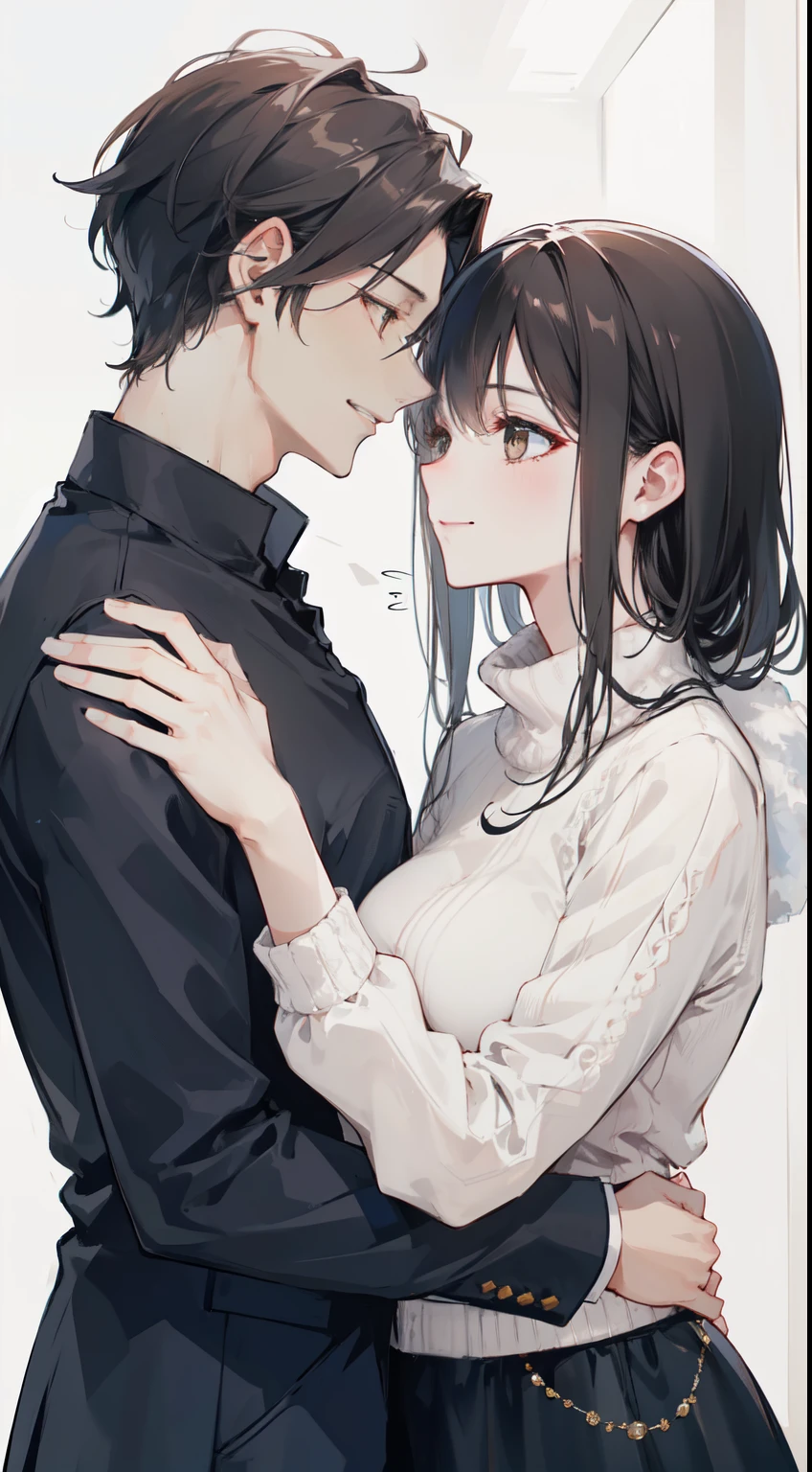 "4K sad Fantasy scene on pure white background: Mature couple looking each other. Man with black hair and silver eyes, And the woman with her elegantly tied brown hair and charming brown eyes who gave a sad smile, medium breast, The woman wore a white sweater cosy on."
