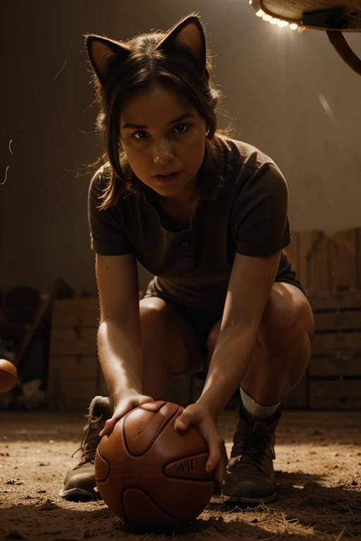Brown-haired cat playing with ball, cinematic lighting, cowboy shot, UHD
