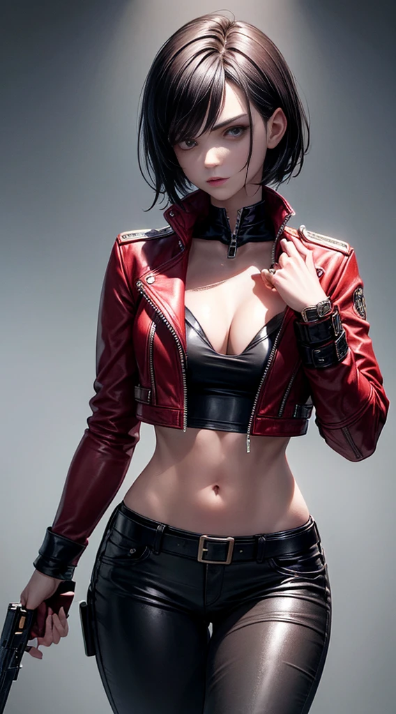 a beautiful 25 years old British female vampire mercenary with short black hair, pale skin, wearing red leather jacket and black tight pants, holding dual handguns, view from front, waist up shot, dynamic pose, ambient lighting, photo realism, intricate face detail, intricate hand details, highly detailed, vibrant colors, cinematic, high definition, trending on Artstation--style raw