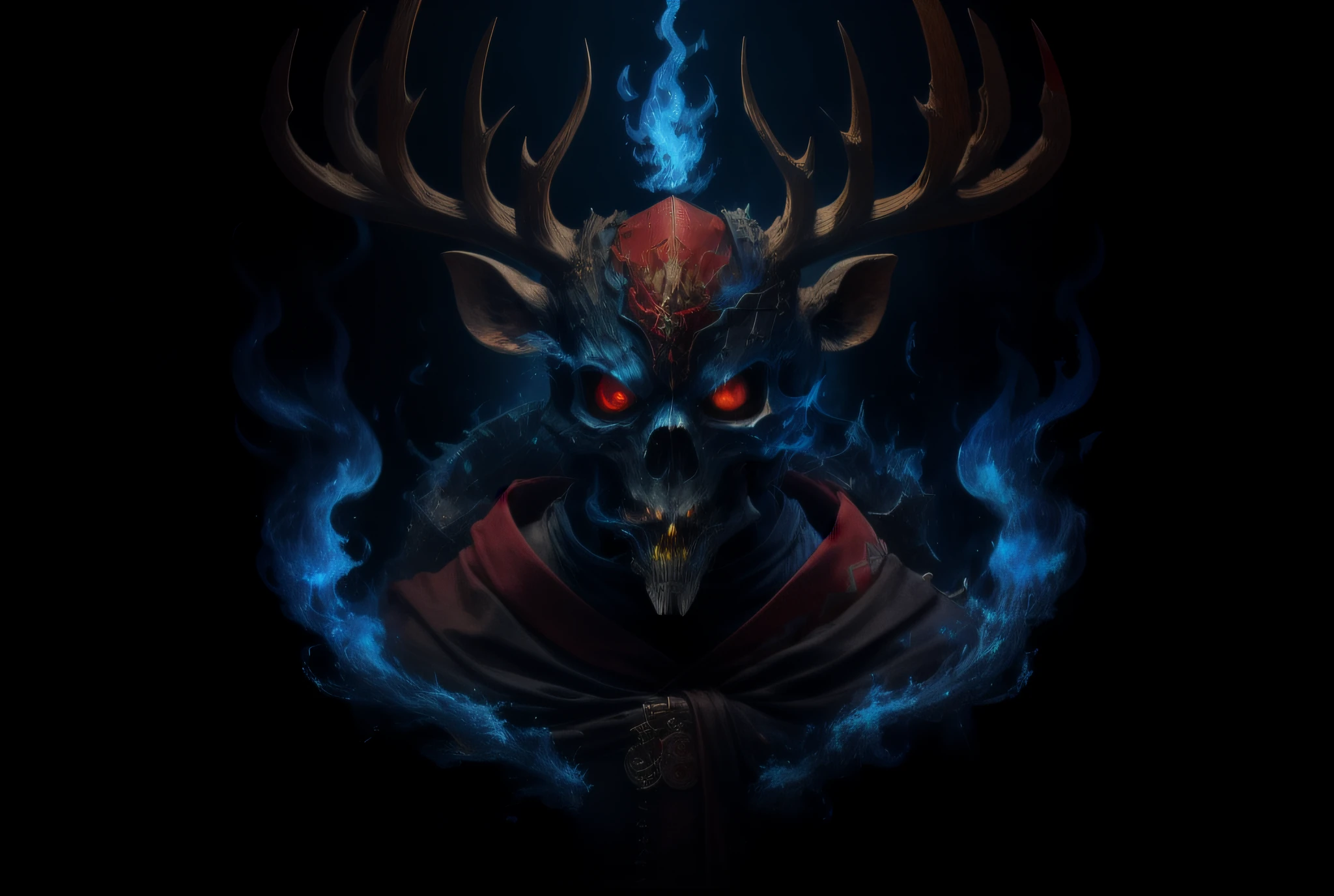 photorealestic，Deer skull mask，Head with blue flames，Upper body is a skeleton，The lower body is made of ossified bird claws，Wearing a pair of baggy black pants，Wearing a dark red cloak，Holding a long sword decorated with animal bones and emitting blue flames，k hd，Wallpapers