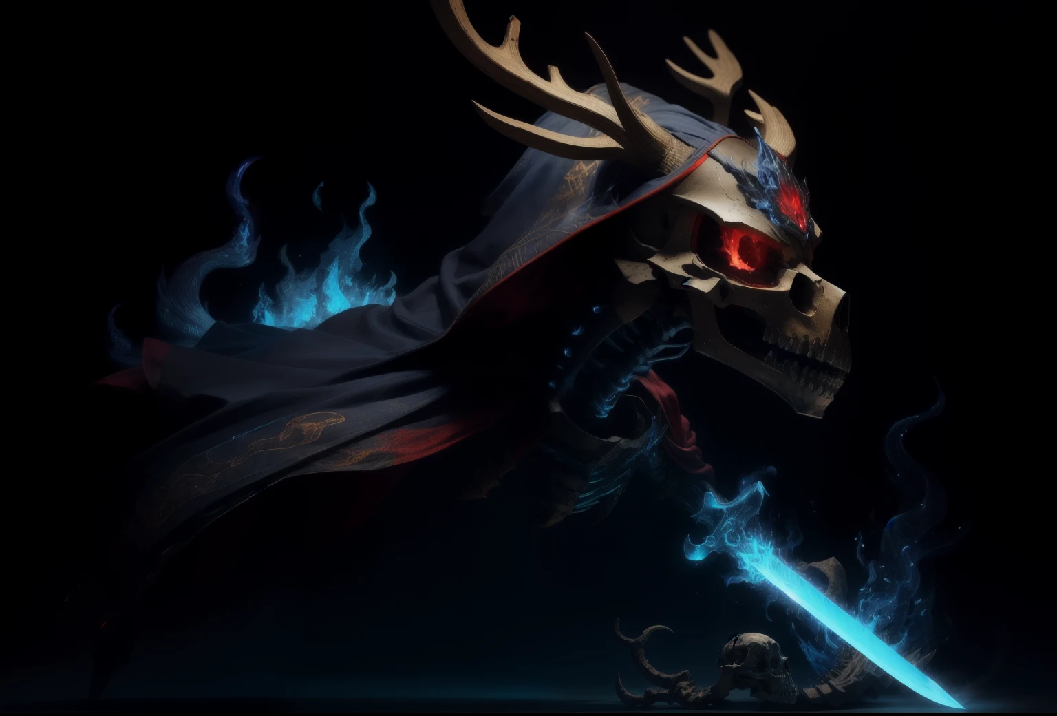 photorealestic,Deer skull mask,Head with blue flames,Upper body is a skeleton,The lower body is made of ossified bird claws,Wearing a pair of baggy black pants,Wearing a dark red cloak,Holding a long sword decorated with animal bones and emitting blue flames,k hd,Wallpapers