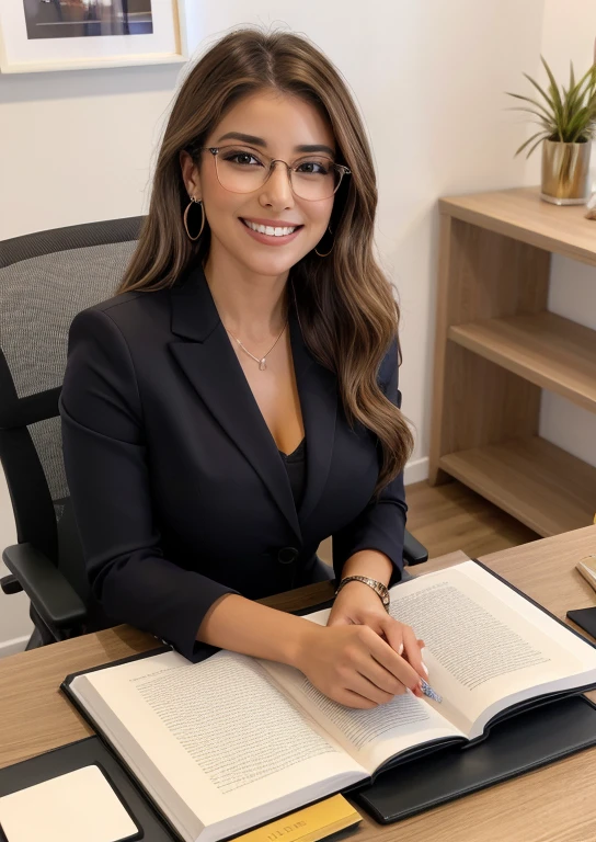 una mujer ejecutiva, elegante con gafas sentada en una silla dentro de una oficina, sonriendo, mirando al espectador,atractiva secretaria, mujer elegante