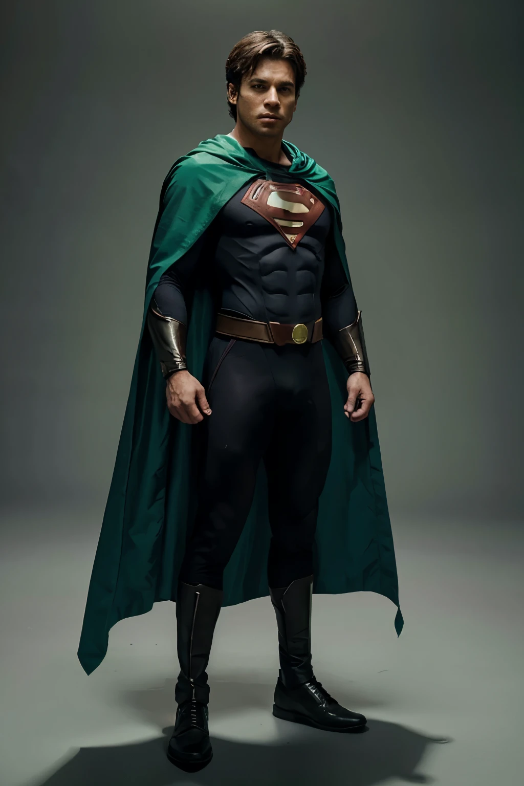 generates a superhero with a cape, con el traje de color verde