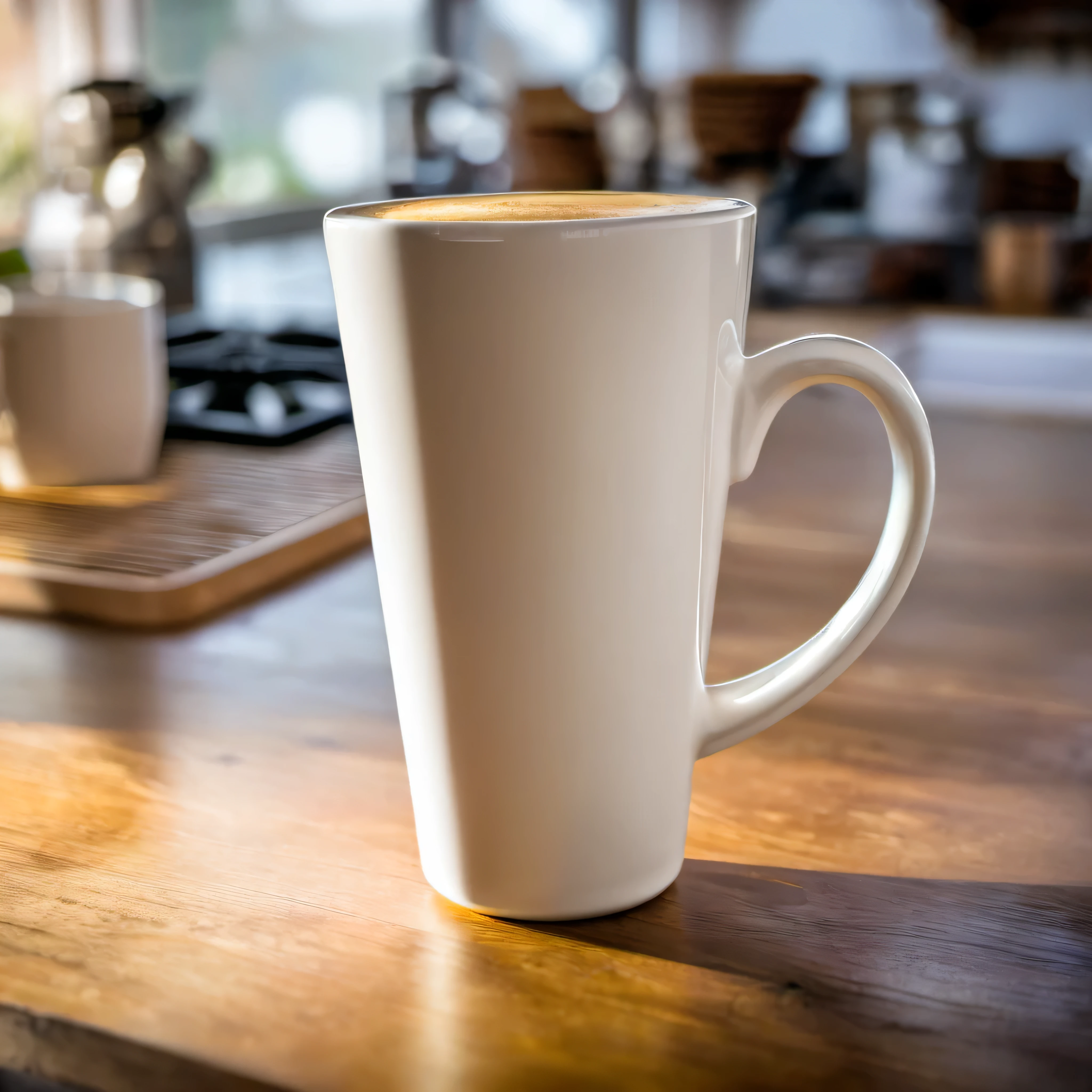white latte mug standing in rustic kitchen, professional photography, sony a7 photo, shallow depth of field, bright