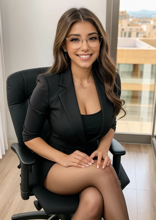 una mujer ejecutiva, elegante con gafas sentada en una silla dentro de una oficina, sonriendo, mirando al espectador,atractiva secretaria, mujer elegante