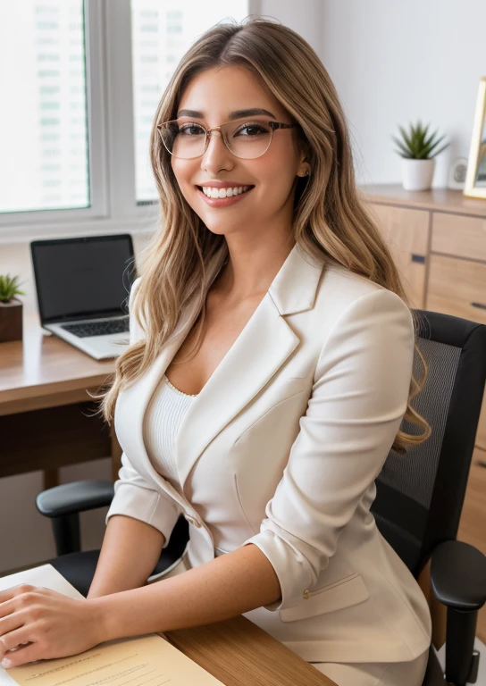 una mujer ejecutiva, elegante con gafas sentada en una silla dentro de una oficina, sonriendo, mirando al espectador,atractiva secretaria, mujer elegante