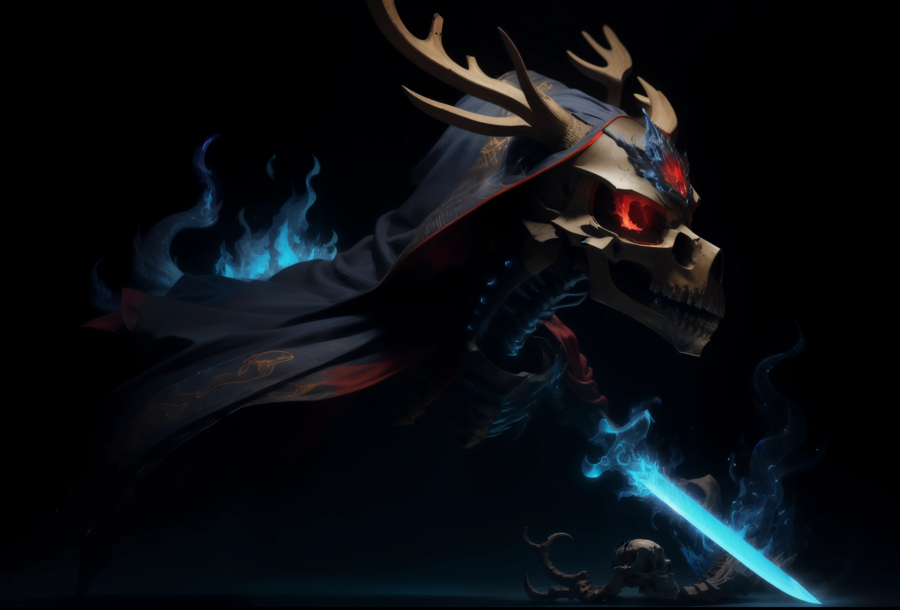 photorealestic，Deer skull mask，Head with blue flames，Upper body is a skeleton，The lower body is made of ossified bird claws，Wearing a pair of baggy black pants，Wearing a dark red cloak，Holding a long sword decorated with animal bones and emitting blue flames，k hd，Wallpapers