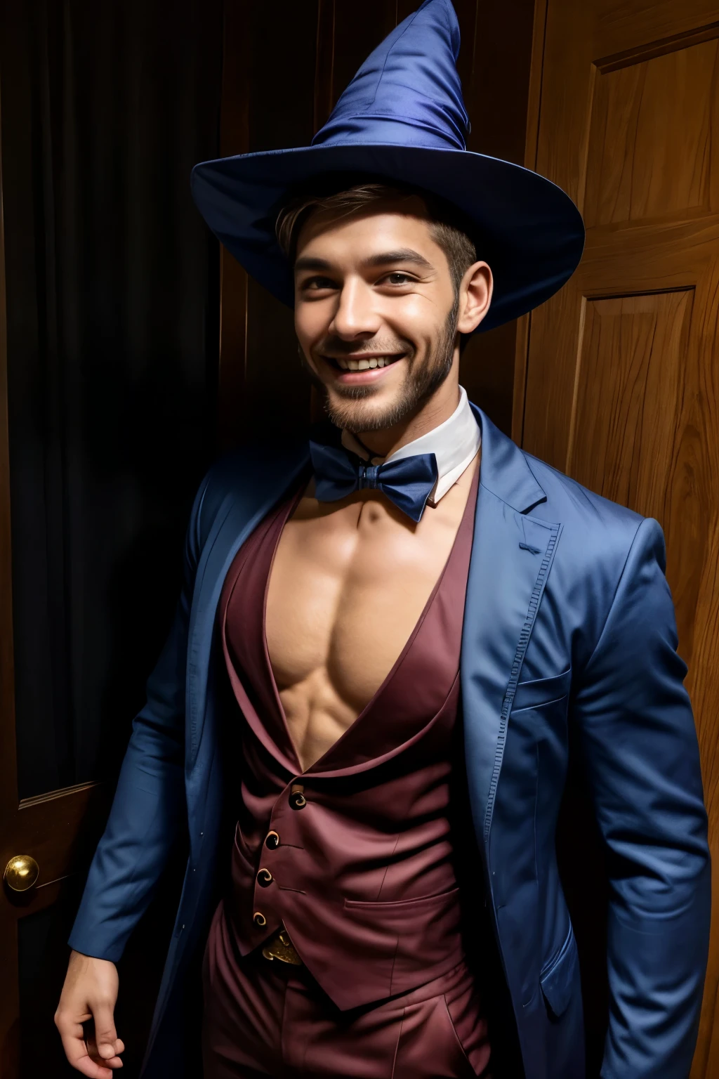 A handsome man, charming smile, dressed as a halloween wizard