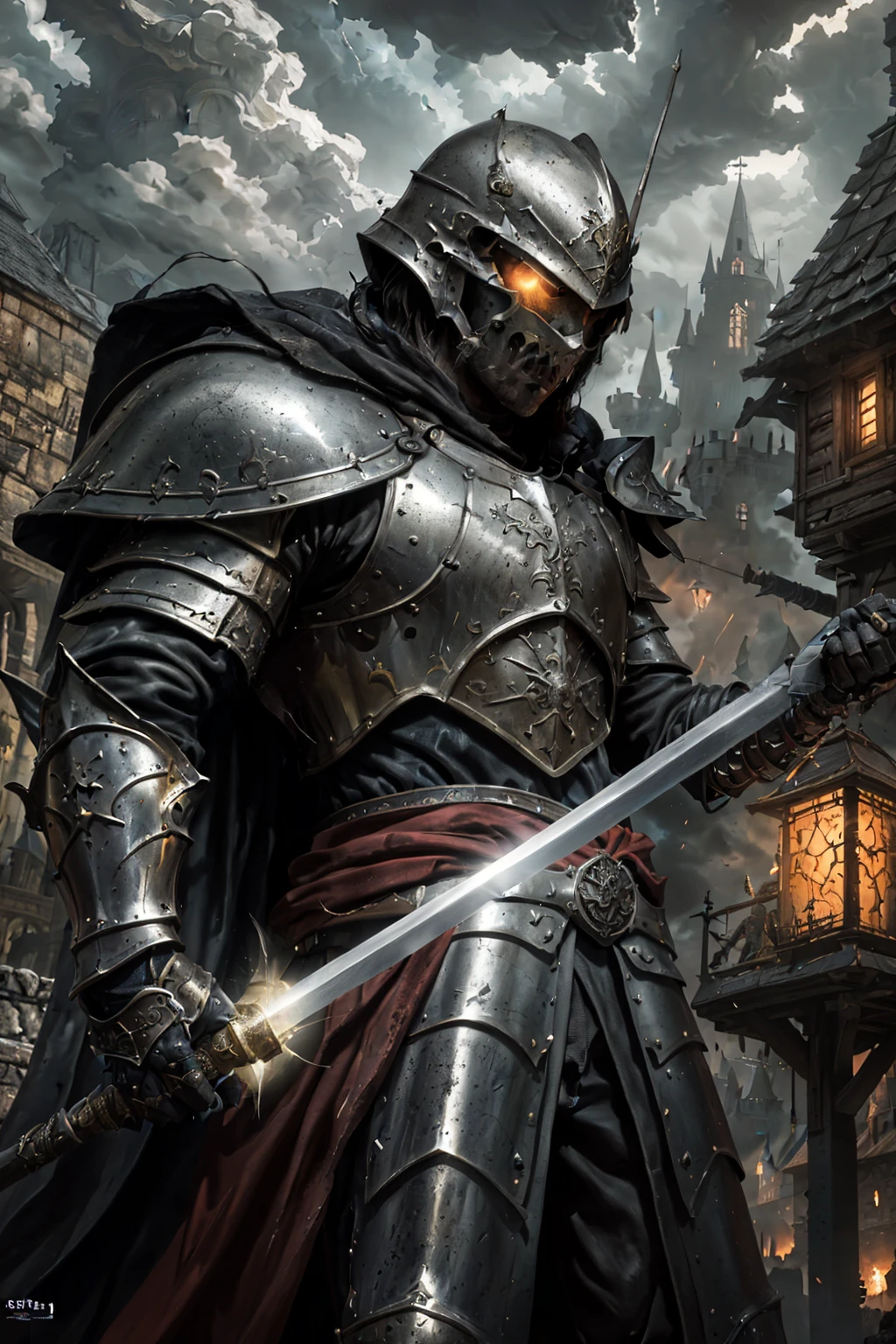 (best quality, highres:1.2), detailed armor, shining armor, broadsword, heroic pose, epic scene, castle backdrop, medieval landscape, dramatic lighting, HDR, gritty and dark color tone, concept artist, fantasy