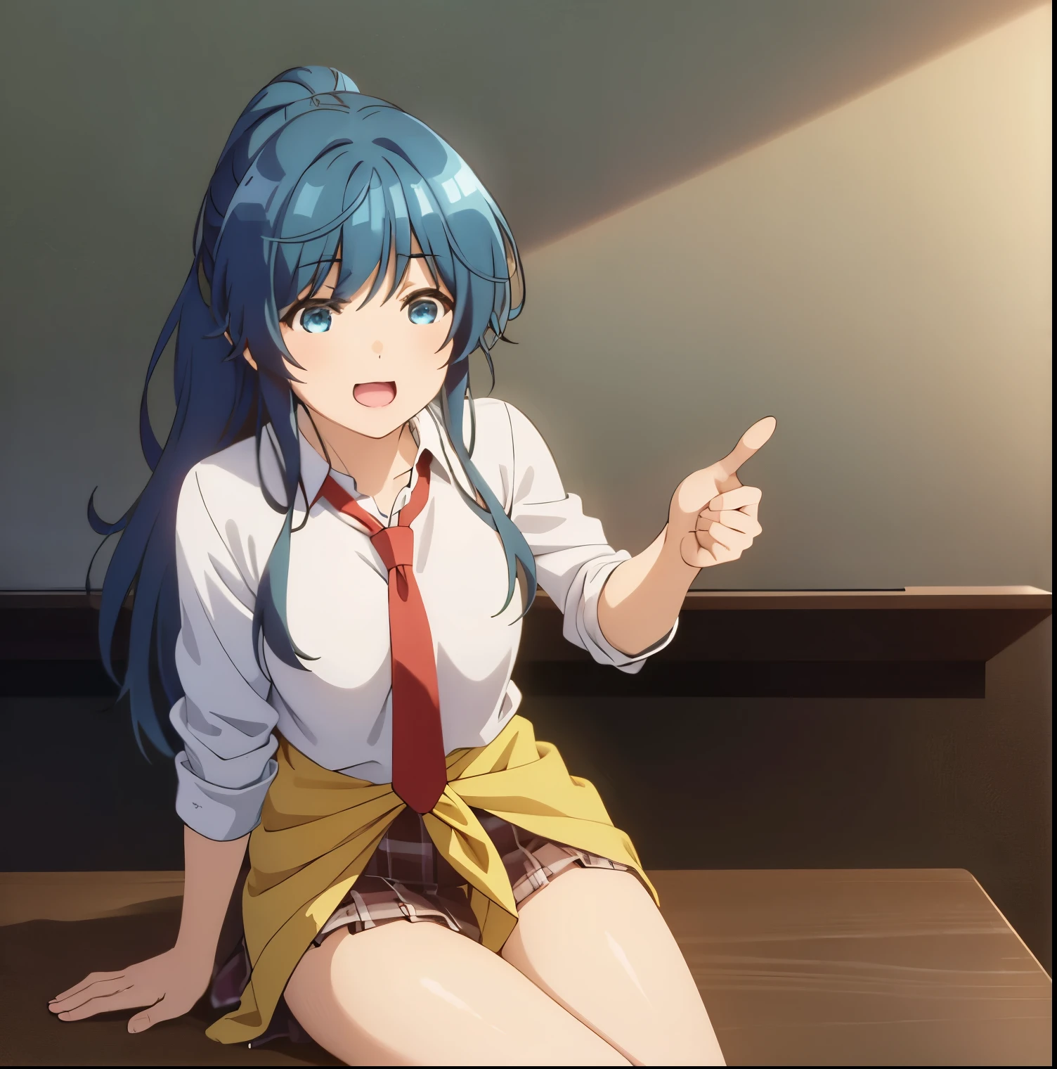 1girl,alone,minami,nanami,best quality,(masterpiece:1.2),detailed,open mouth,smile, blue hair, blue eyes, long hair, ponytail, , white shirt, red tie, neckline, pleated skirt, light yellow sweater around the waist, standing, pointing at the viewer, looking at the viewer, interior, classroom, sitting at desk, legs crossed, sunset, medium breasts, medium waist, wide hips, medium thighs, perfect anatomy, perfect hands