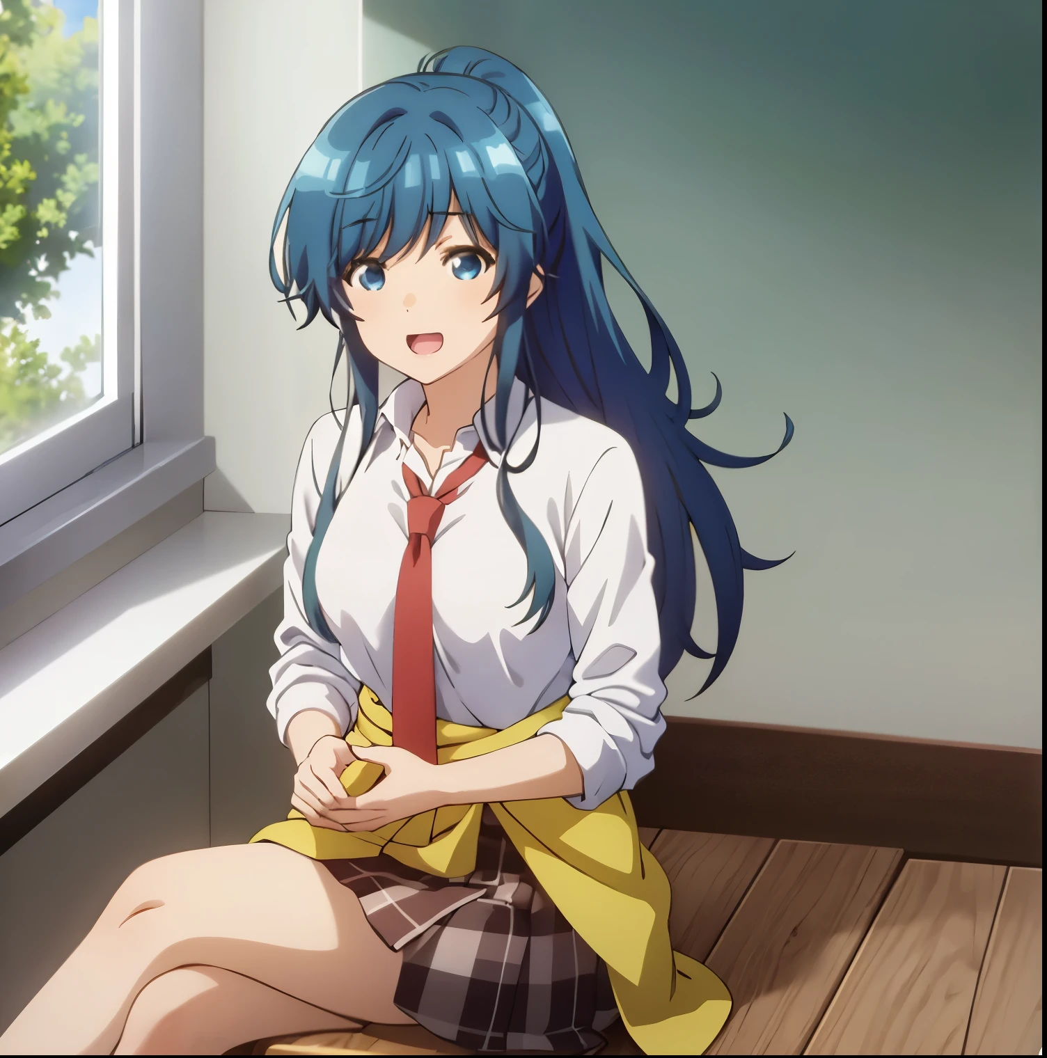 1girl,alone,minami,nanami,best quality,(masterpiece:1.2),detailed,open mouth,smile, blue hair, blue eyes, long hair, ponytail, , white shirt, red tie, neckline, pleated skirt, light yellow sweater around the waist, standing, pointing at the viewer, looking at the viewer, interior, classroom, sitting at desk, legs crossed, sunset, medium breasts, medium waist, wide hips, medium thighs, perfect anatomy, perfect hands