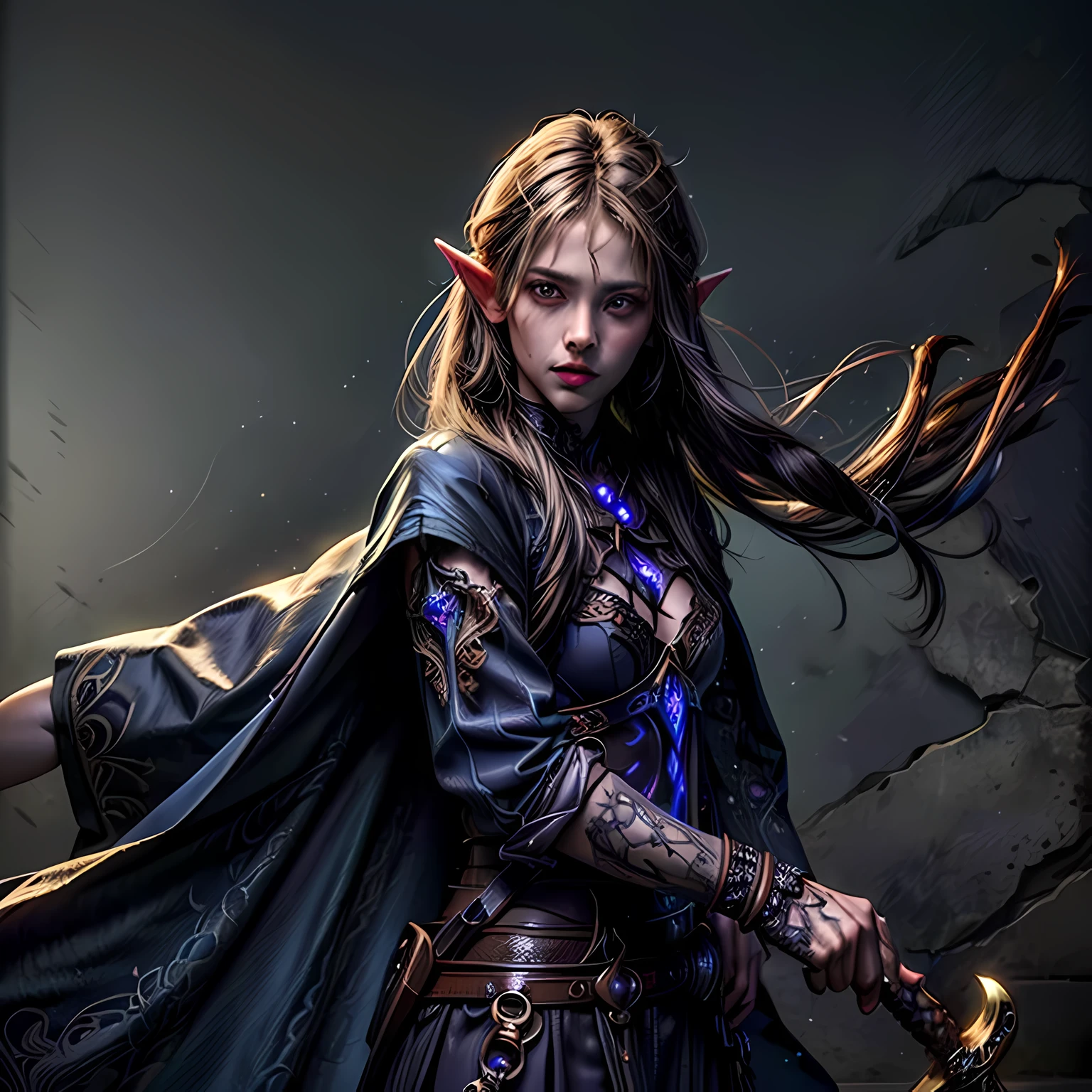 a picture of a female elf (intense details, Masterpiece, best quality: 1.5) fantasy swashbuckler, fantasy fencer, armed with a slim sword, shinning sword, metallic shine, colorful clothes, dynamic clothing, an ultra wide shot, full body (intense details, Masterpiece, best quality: 1.5)epic beautiful female elf (intense details, Masterpiece, best quality: 1.5), rich hair, braided hair, small pointed ears, GlowingRunes_pink [colorful magical sigils in the air],[ colorful arcane markings floating] (intricate details, Masterpiece, best quality: 1.6), holding a [sword] (intricate details, Masterpiece, best quality: 1.6) holding a [sword glowing in red light]fantasy urban street (intense details, Masterpiece, best quality: 1.5),  purple cloak, long cloak (intense details, Masterpiece, best quality: 1.5), sense of daring, sense of adventure,  high details, best quality, 8k, [ultra detailed], masterpiece, best quality, (extremely detailed), dynamic angle, ultra wide shot, photorealistic, RAW, fantasy art, dnd art,fantasy art, realistic art, fantasysword sword