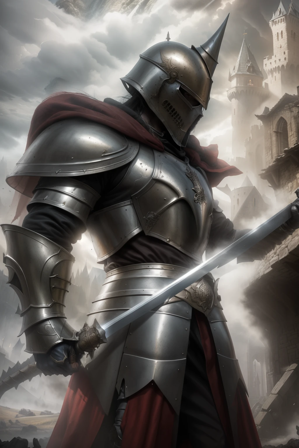 (best quality, high resolution:1.2), Detailed armor, Shining Armor, Broadsword, Heroic Stance, Epic scenes, Castle Background, Medieval landscape, Dramatic Lighting, HDR, Rough and dark tones, Concept Artist, fantasy