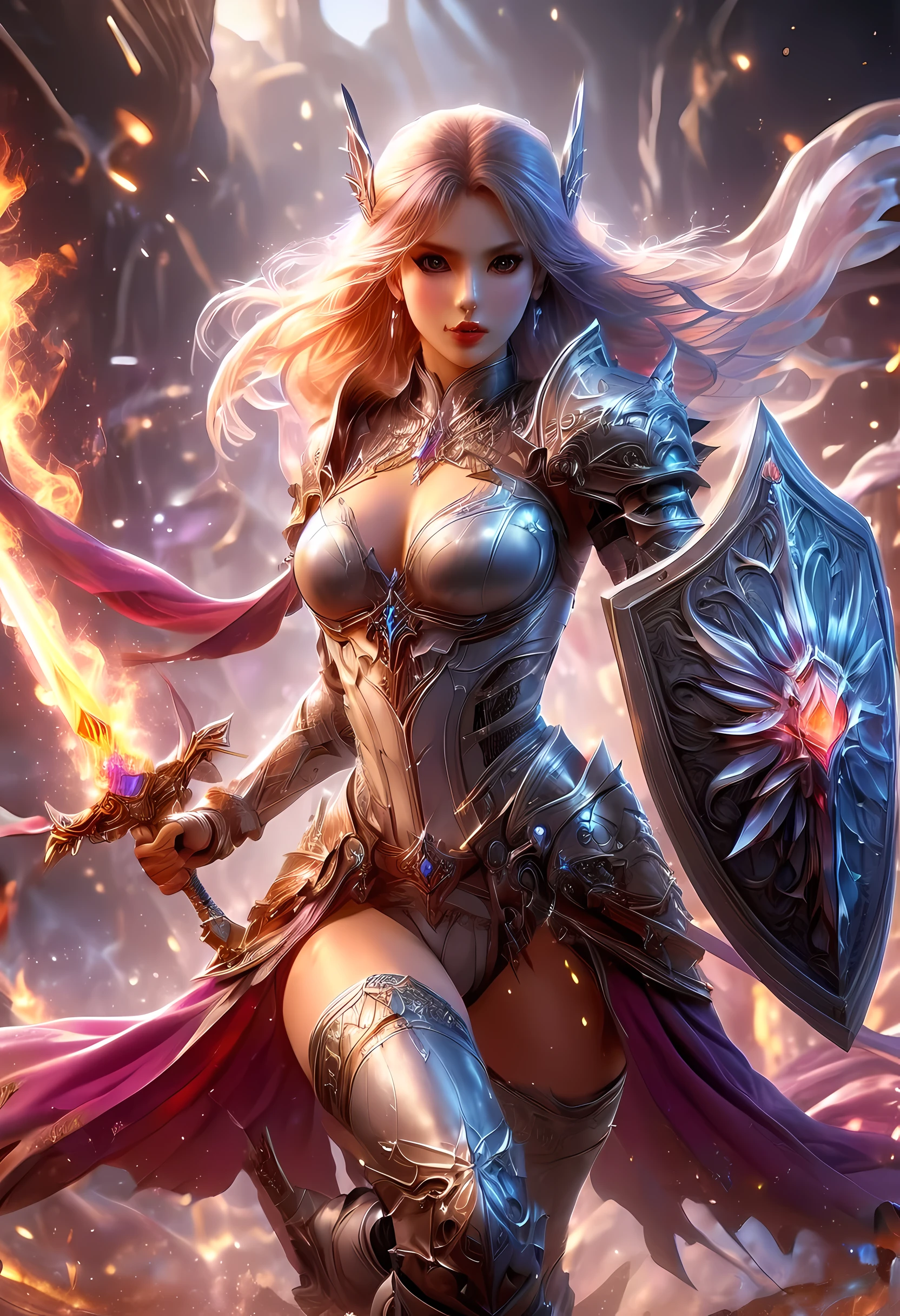 a picture of a female elf (intense details, Masterpiece, best quality: 1.5) fantasy swashbuckler, fantasy fencer, armed with a slim sword, shinning sword, metallic shine, colorful clothes, dynamic clothing, an ultra wide shot, full body (intense details, Masterpiece, best quality: 1.5)epic beautiful female elf (intense details, Masterpiece, best quality: 1.5), rich hair, braided hair, small pointed ears, GlowingRunes_pink [colorful magical sigils in the air],[ colorful arcane markings floating] (intricate details, Masterpiece, best quality: 1.6), holding a [sword] (intricate details, Masterpiece, best quality: 1.6) holding a [sword glowing in red light]fantasy urban street (intense details, Masterpiece, best quality: 1.5),  purple cloak, long cloak (intense details, Masterpiece, best quality: 1.5), sense of daring, sense of adventure,  high details, best quality, 8k, [ultra detailed], masterpiece, best quality, (extremely detailed), dynamic angle, ultra wide shot, photorealistic, RAW, fantasy art, dnd art,fantasy art, realistic art, faize, Sword and shield