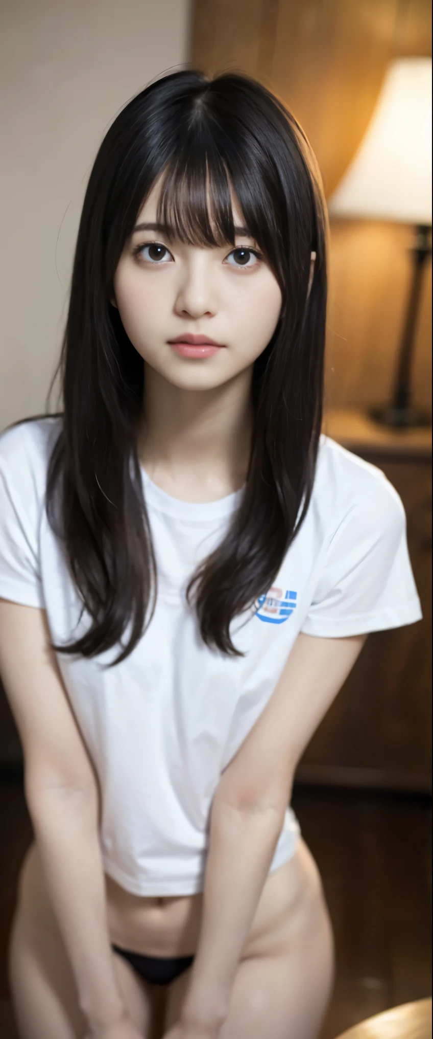 ((Perfect Anatomy:1.3)、(Complete Hand:1.3)、(face it head on)、Realistic、RAW Photos、Tabletop、highest quality、High resolution、Delicate and beautiful、Perfect Face、Beautiful details、Fair skin、Real human skin、pores、((Thin legs))、(Black Hair):1.2), 8k, 12 year old girl standing, 85mm,公式AR RAW Photos, Super slim slender beautiful girl、Plain white short sleeve T-shirt、Full lower body nudity、Exposing groin and genitals、