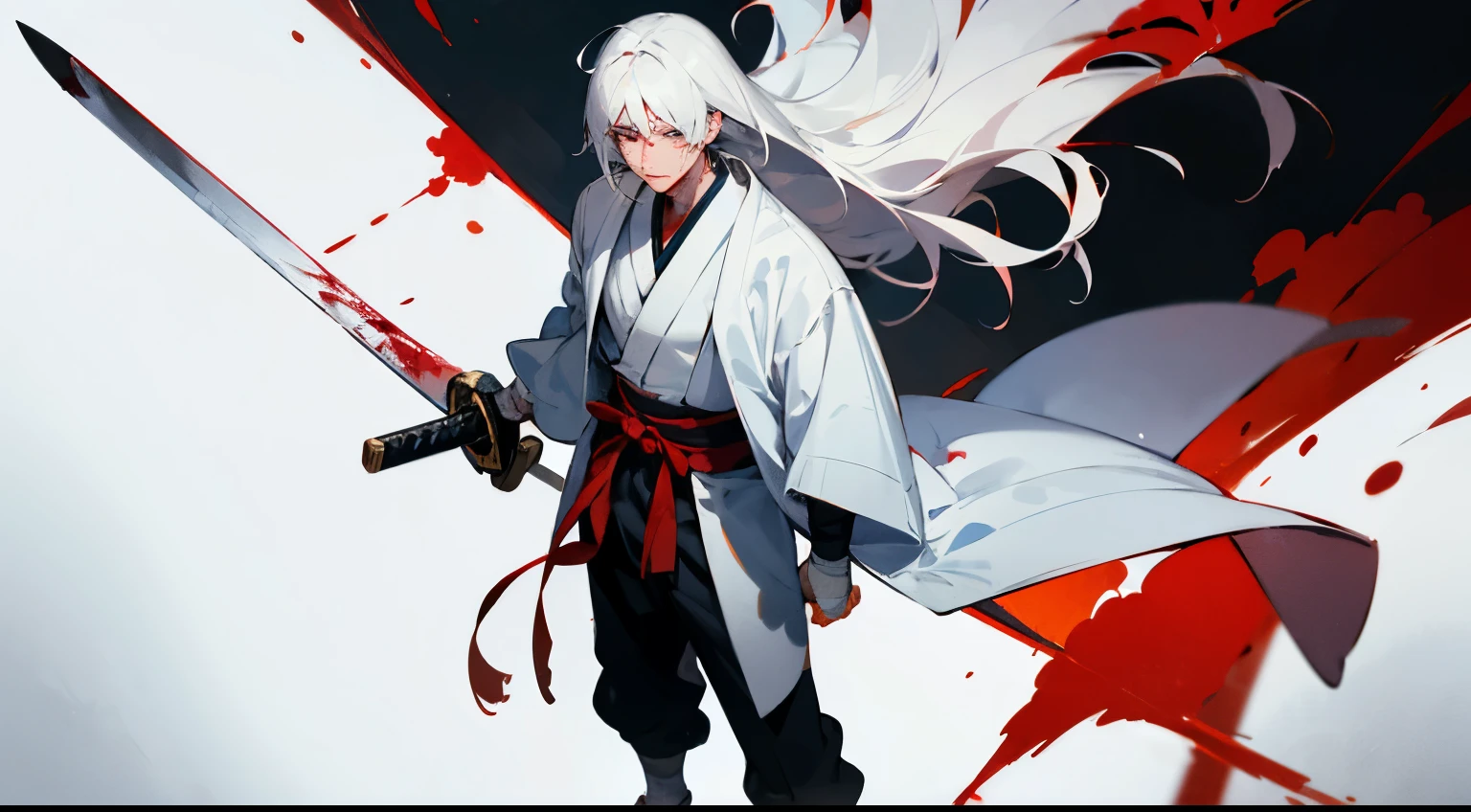 masterpiece, best quality, best quality, high resolution, anime style, male, whole body, Anime Character, Long hair, White hair, Blindness in the left eye, Bandage on the left eye,Red pupil,Samurai Sword,Standing,white mask,Blood stained